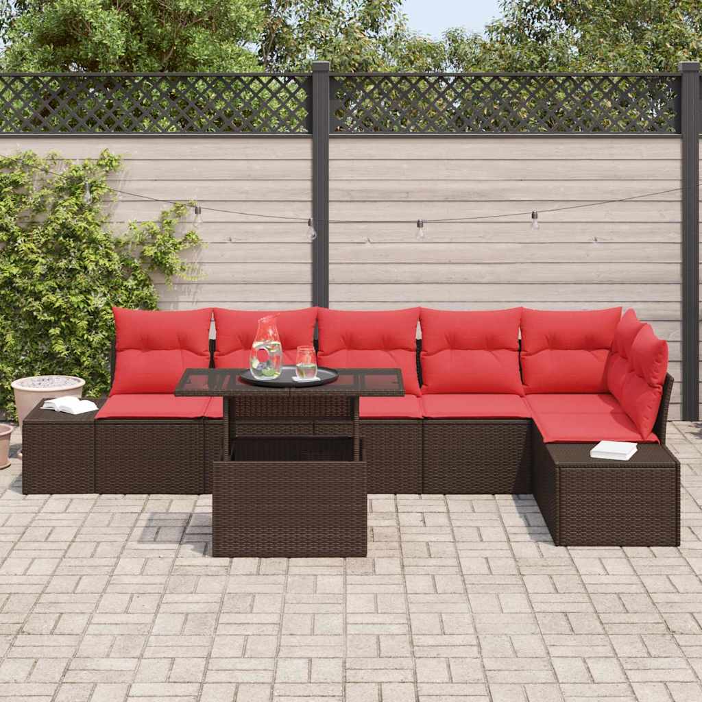 vidaXL Tuin Sofa Set met kussen 7 pcs Bruin en Rood poly rattan