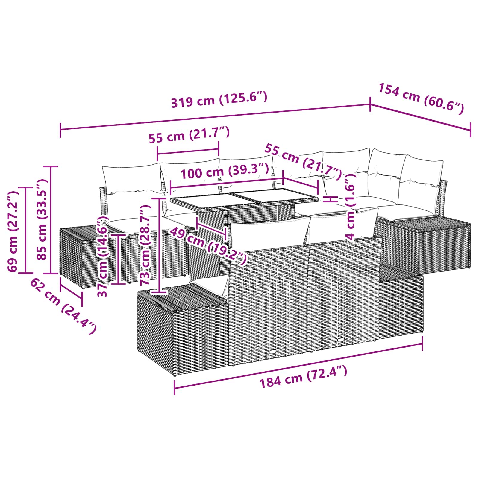 vidaXL Tuin Sofa Set met kussen 9 pcs Bruin en Rood poly rattan