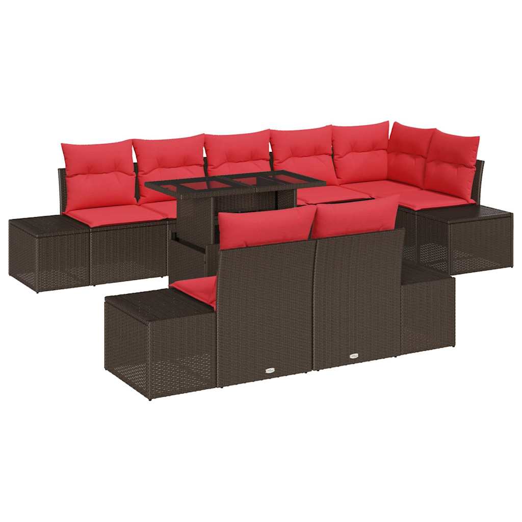 vidaXL Tuin Sofa Set met kussen 9 pcs Bruin en Rood poly rattan
