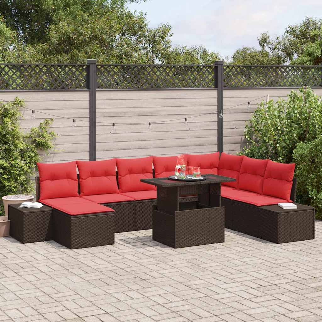 vidaXL Tuin Sofa Set met kussen 9 pcs Bruin en Rood poly rattan