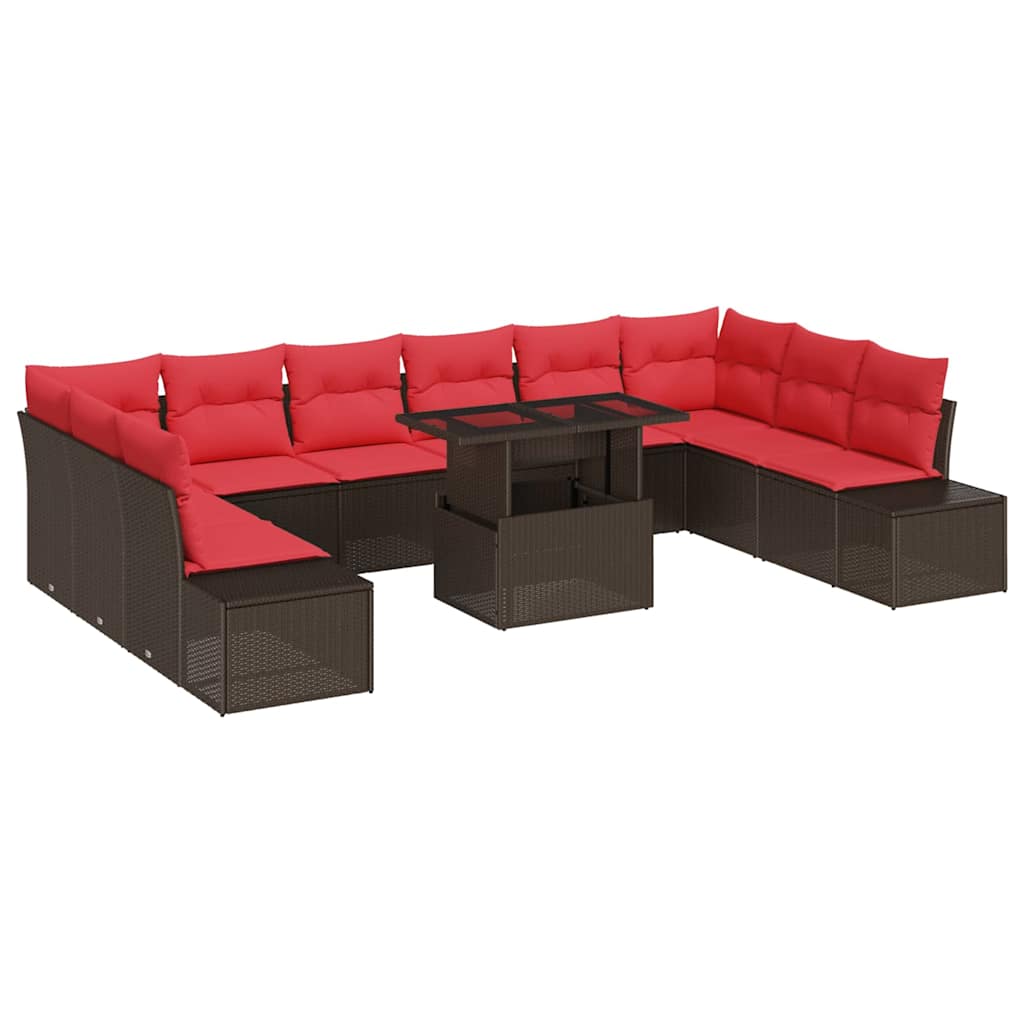vidaXL Tuin Sofa Set met kussen 11 pcs Bruin en Rood poly rattan
