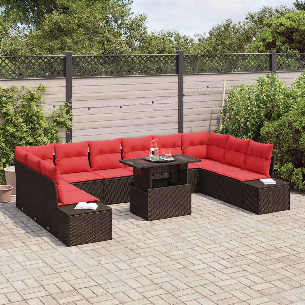 vidaXL Tuin Sofa Set met kussen 11 pcs Bruin en Rood poly rattan