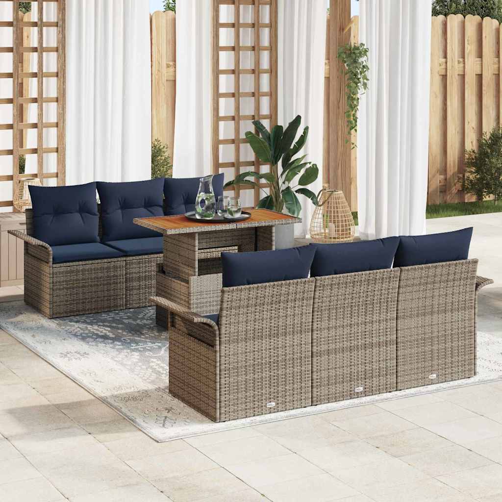 vidaXL Tuinbankenset met kussen 7 pcs Zwart en Blauw poly rattan