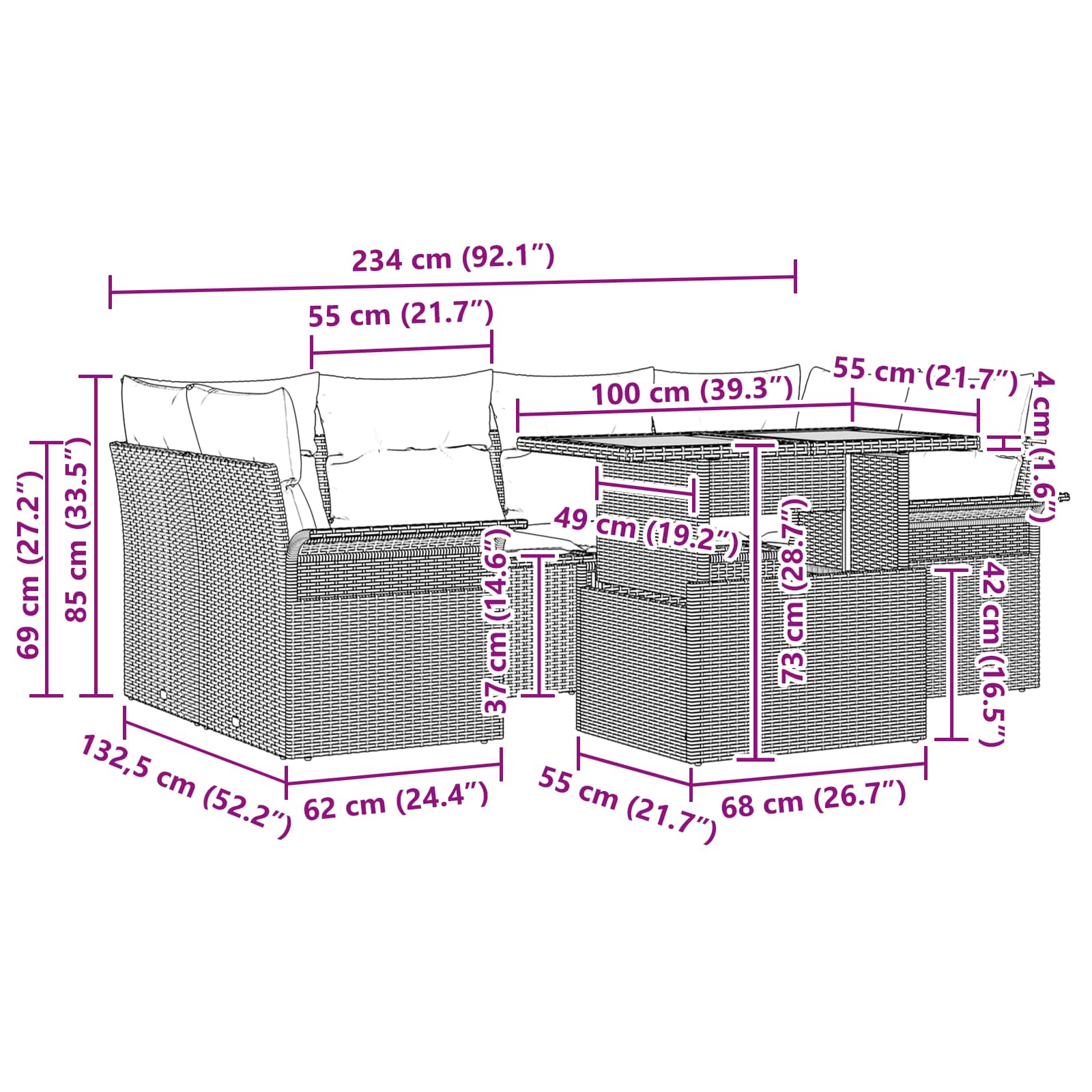 vidaXL Tuin Sofa Set met kussen 7 pcs Zwart en blauw