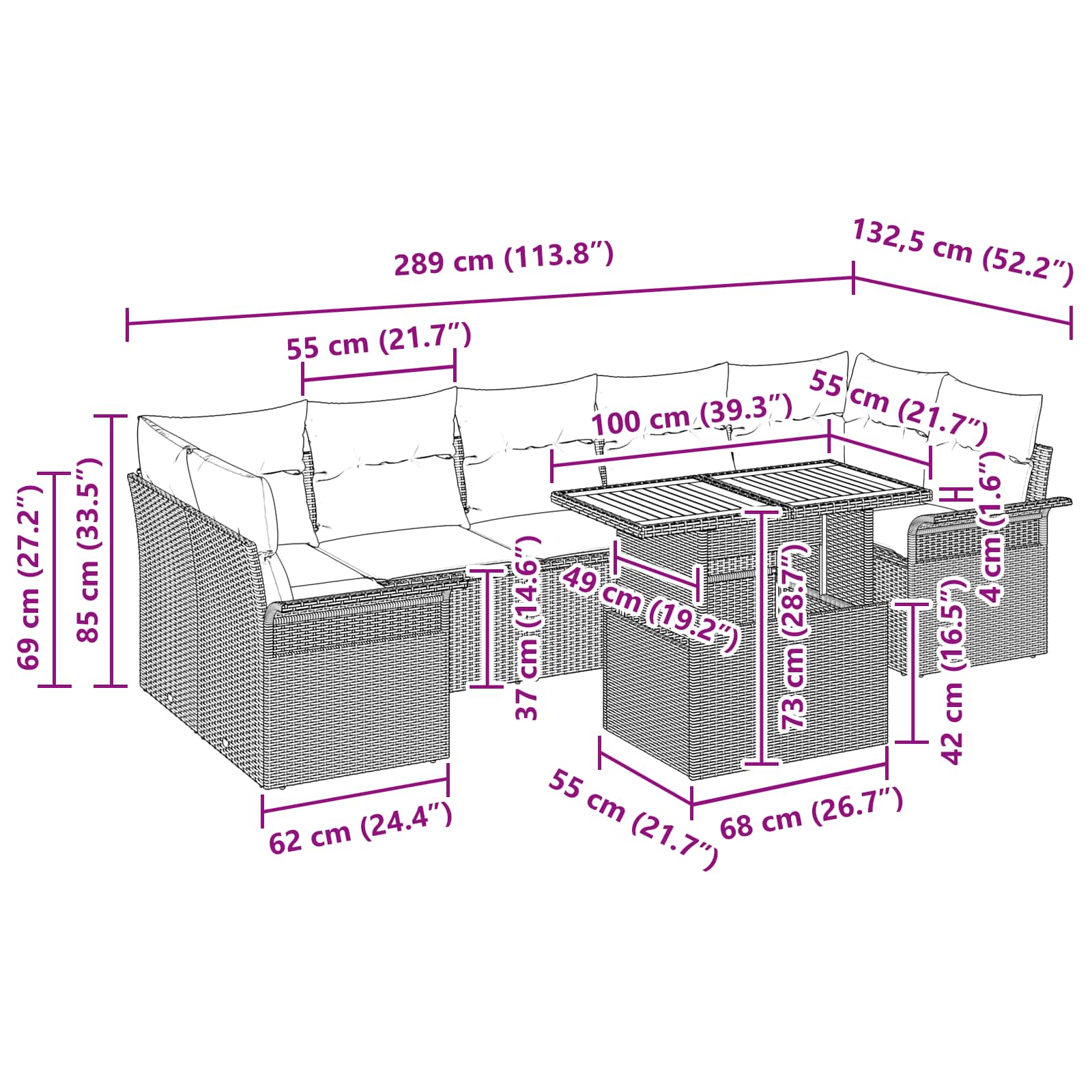 vidaXL Tuinbankenset met kussen 8 pcs Zwart en Blauw poly rattan