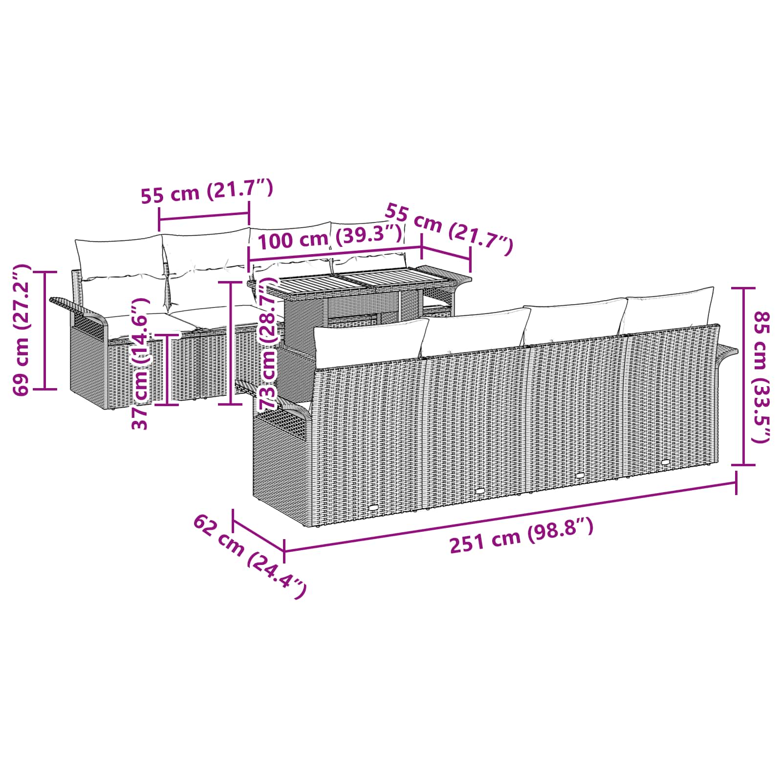 vidaXL Tuin Sofa Set met kussen 7 pcs Zwart en blauw