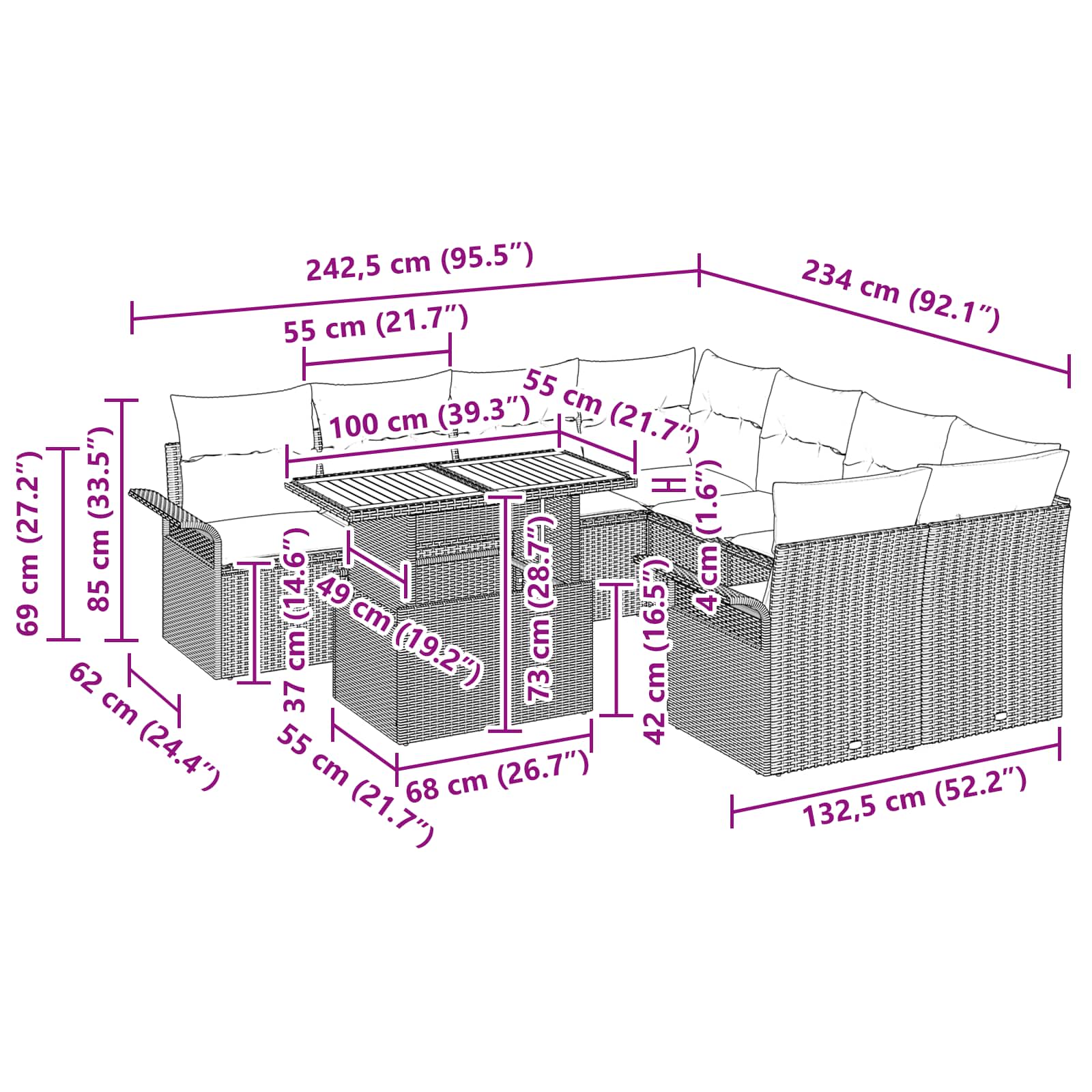 vidaXL Tuinbankenset met kussen 9 pcs Zwart en Blauw poly rattan