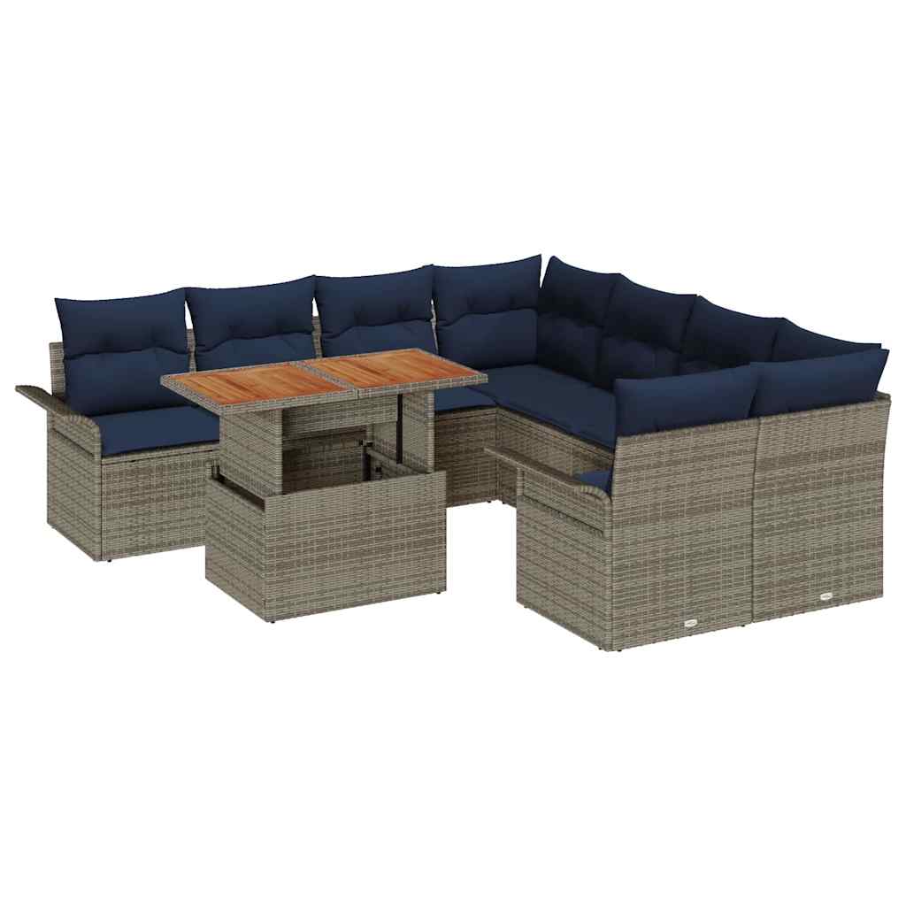 vidaXL Tuinbankenset met kussen 9 pcs Zwart en Blauw poly rattan