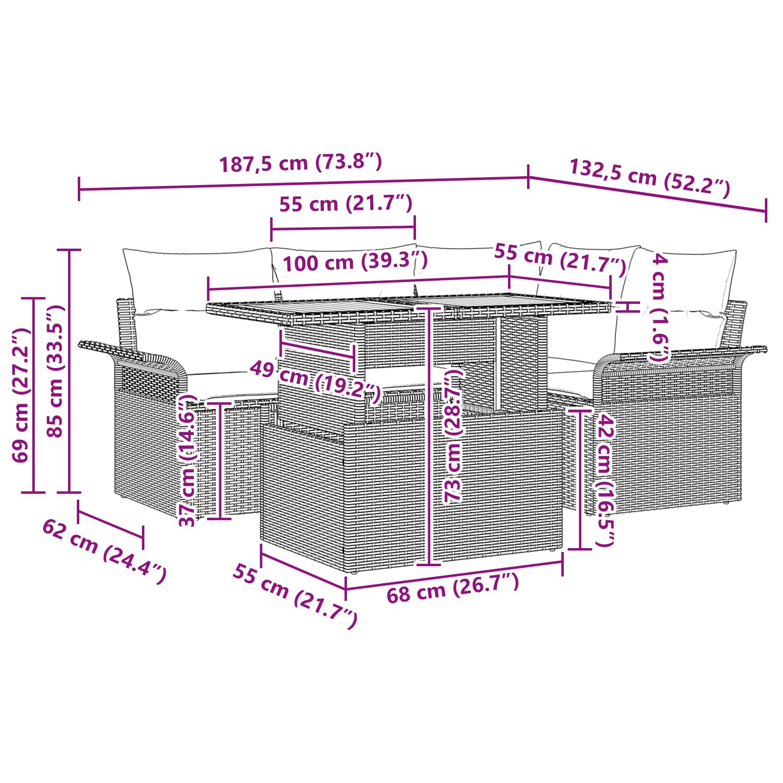 vidaXL Tuin Sofa Set met kussen met opslag 5 pcs Zwart en blauw