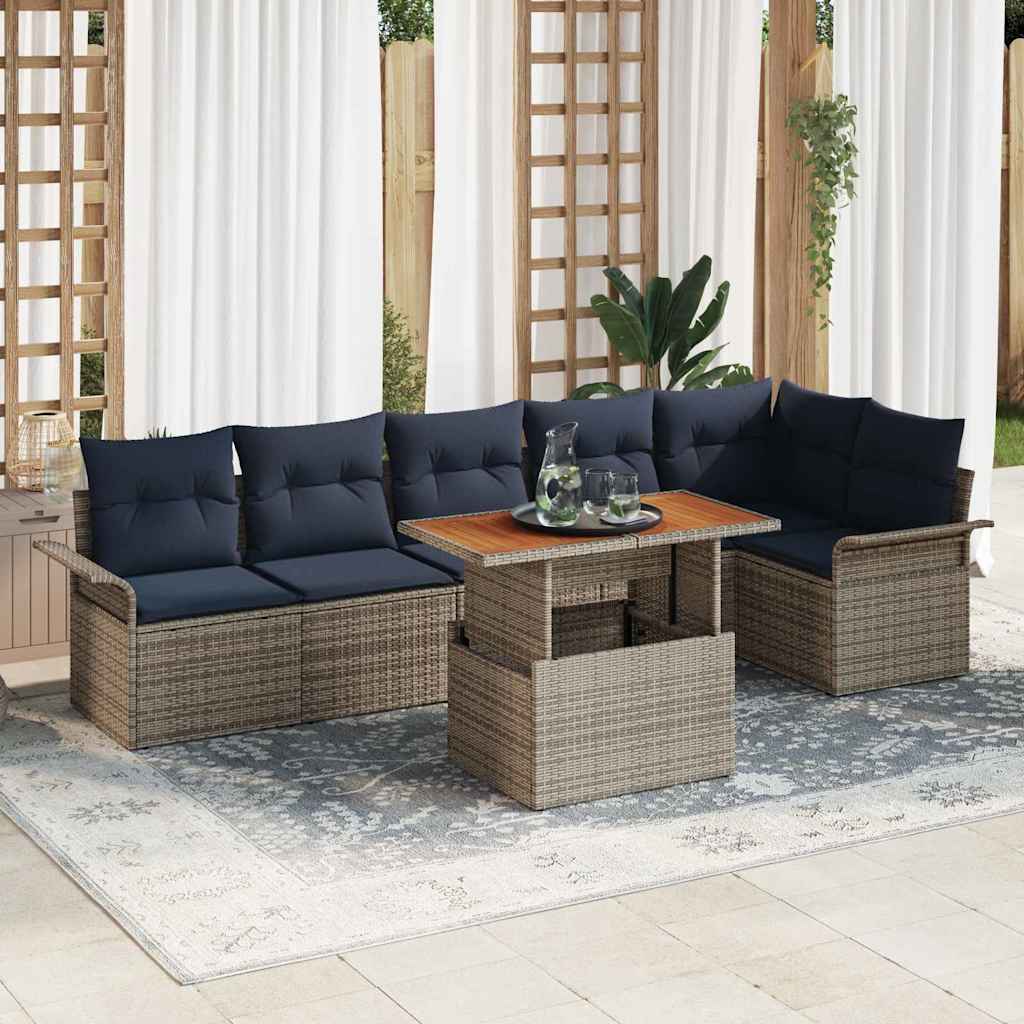 vidaXL Tuinbankenset met kussen 7 pcs Zwart en Blauw poly rattan