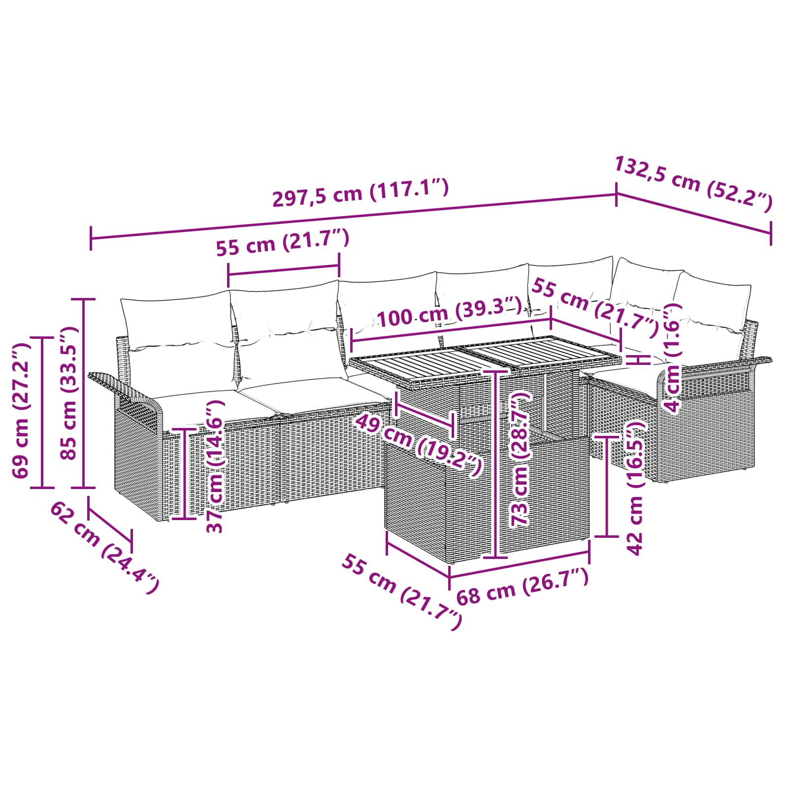 vidaXL Tuinbankenset met kussen 7 pcs Zwart en Blauw poly rattan
