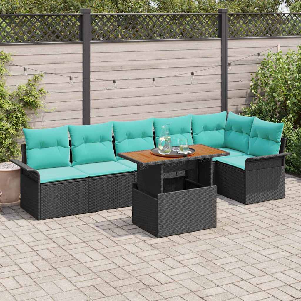 vidaXL Tuinbankenset met kussen 7 pcs Zwart en Blauw poly rattan
