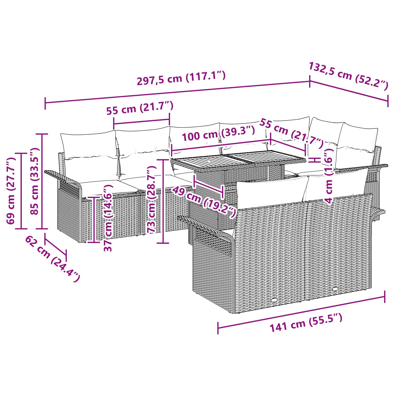 vidaXL Tuin Sofa Set met kussen 9 pcs Zwart en blauw