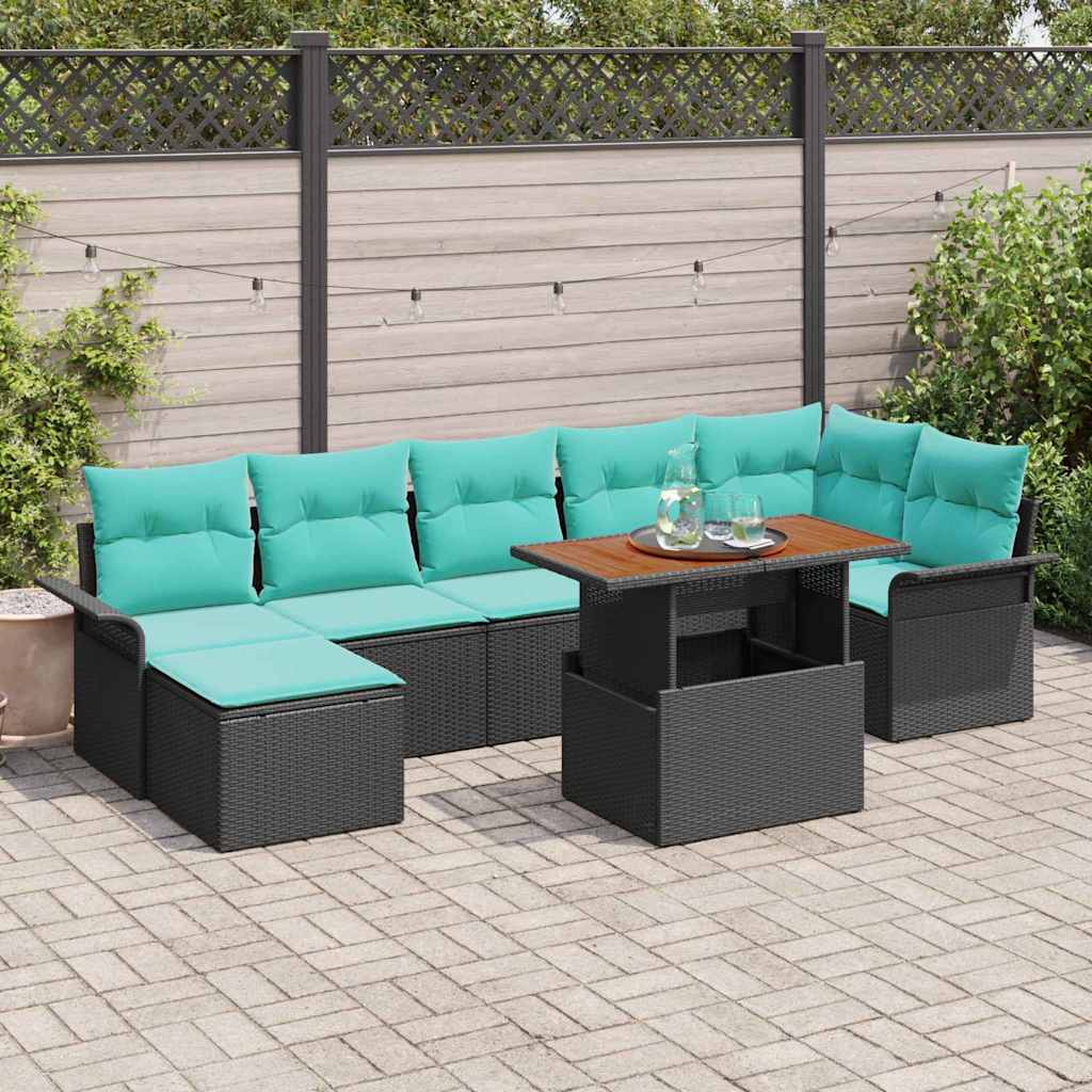 vidaXL Tuinbankenset met kussen 8 pcs Zwart en Blauw poly rattan