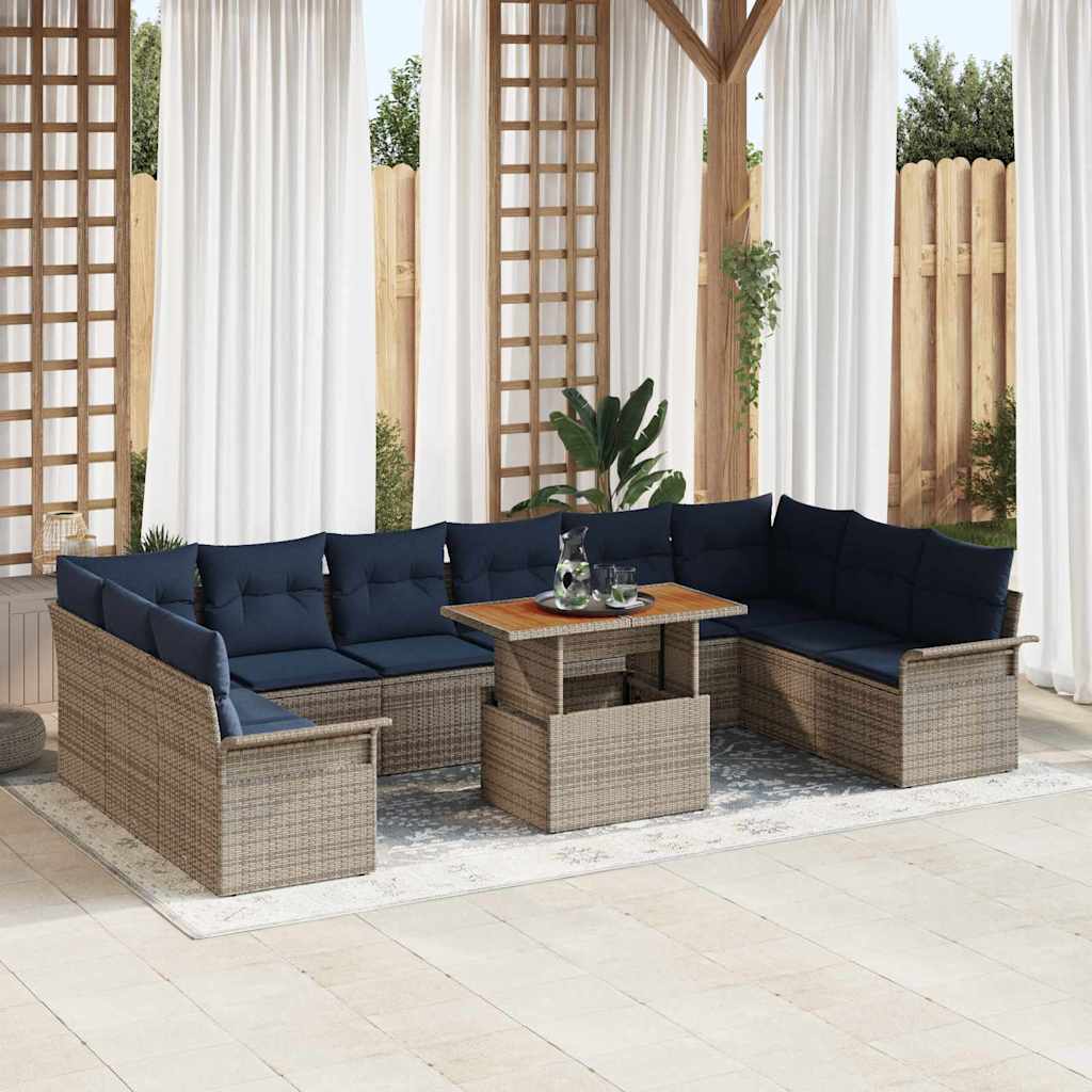 vidaXL Tuinbankenset met kussen 11 pcs Zwart en Blauw poly rattan