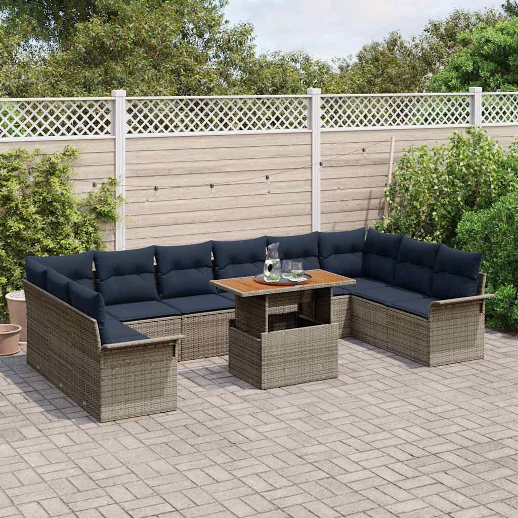 vidaXL Tuinbankenset met kussen 11 pcs Zwart en Blauw poly rattan