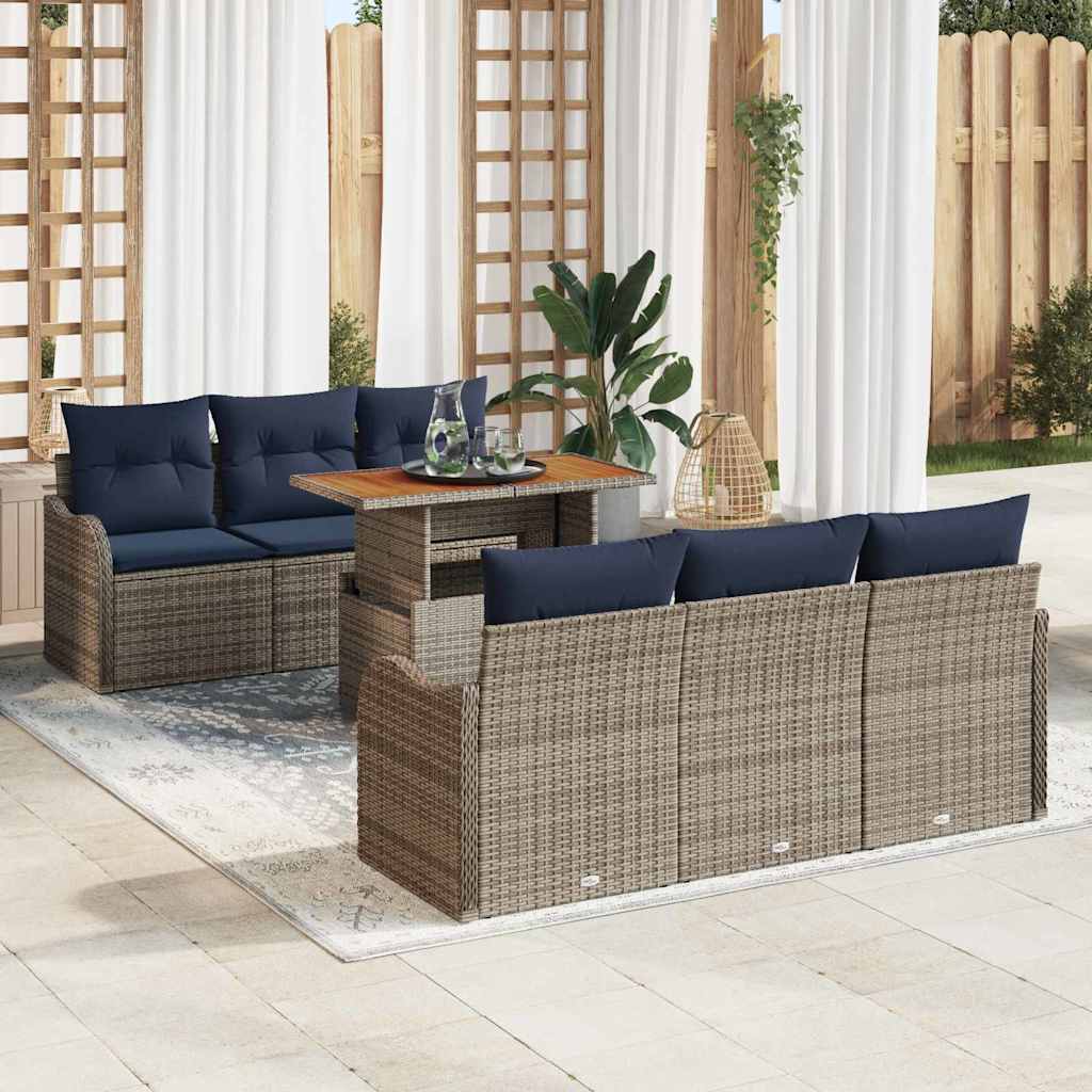 vidaXL Tuinbankenset 7 st Grijs en Marineblauw poly rattan