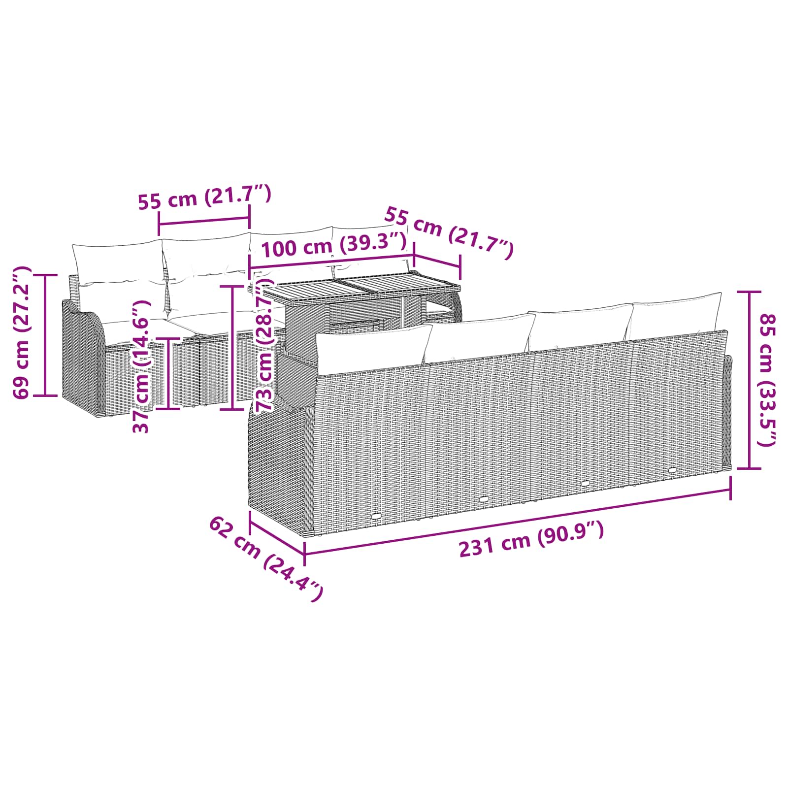 vidaXL Tuin Sofa Set 7 st grijs en marineblauw