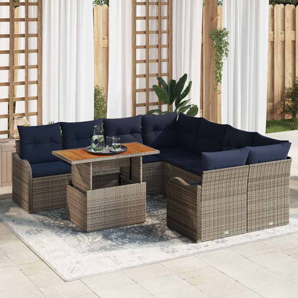 vidaXL Tuinbankenset 9 st 8-Aantal zitplaatsen Grijs en Marineblauw