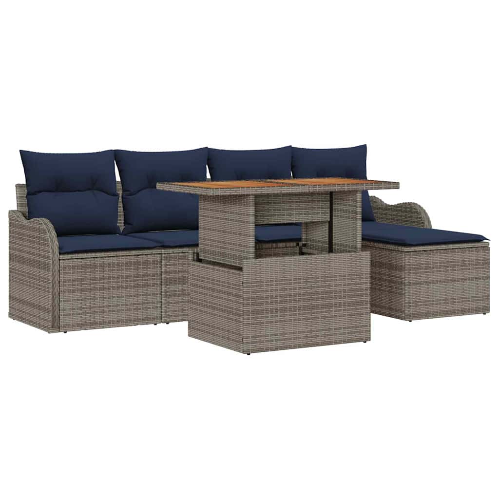 vidaXL Tuinbankenset 6 st Grijs en Marineblauw poly rattan