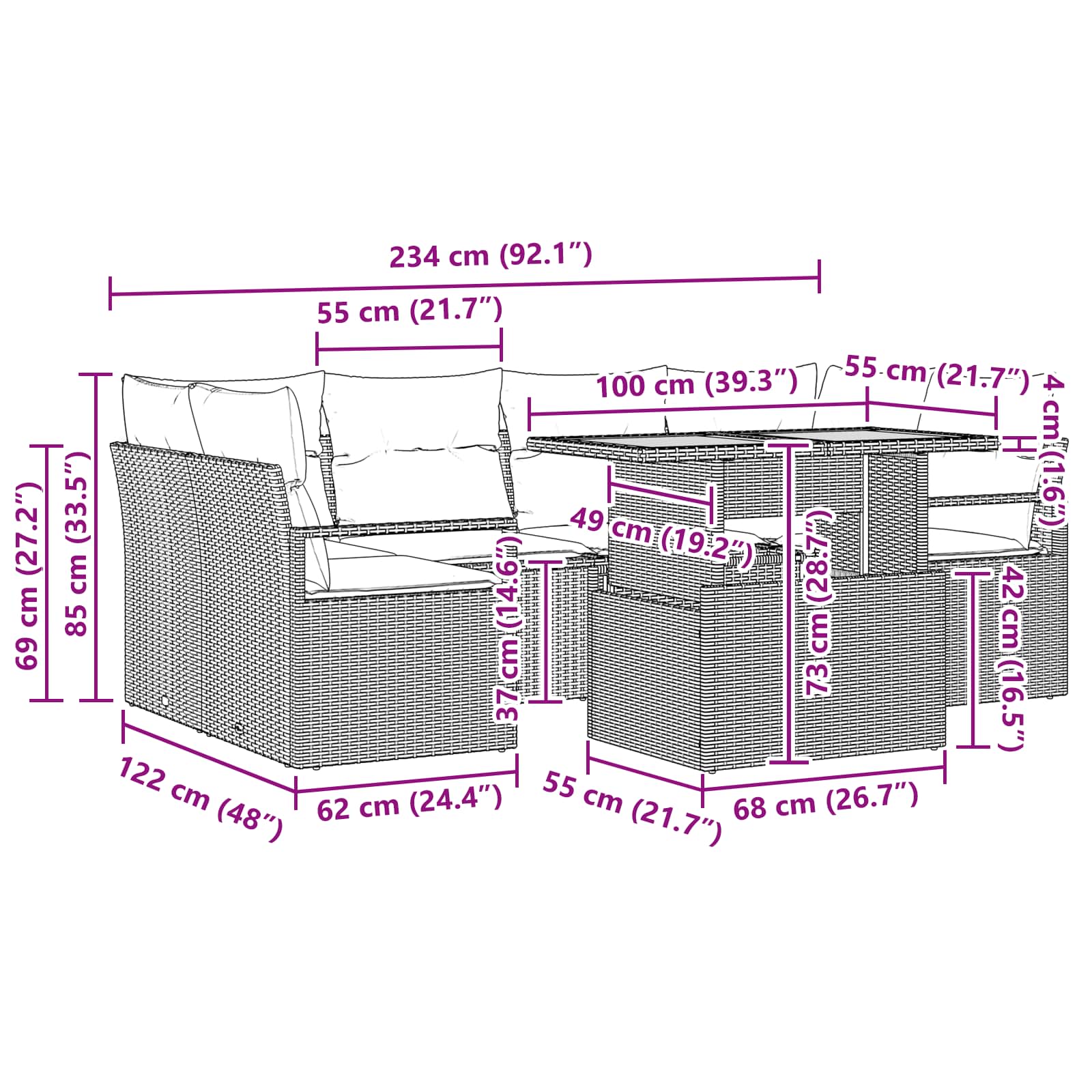 vidaXL Tuin Sofa Set met kussen 7 pcs grijs en marineblauw