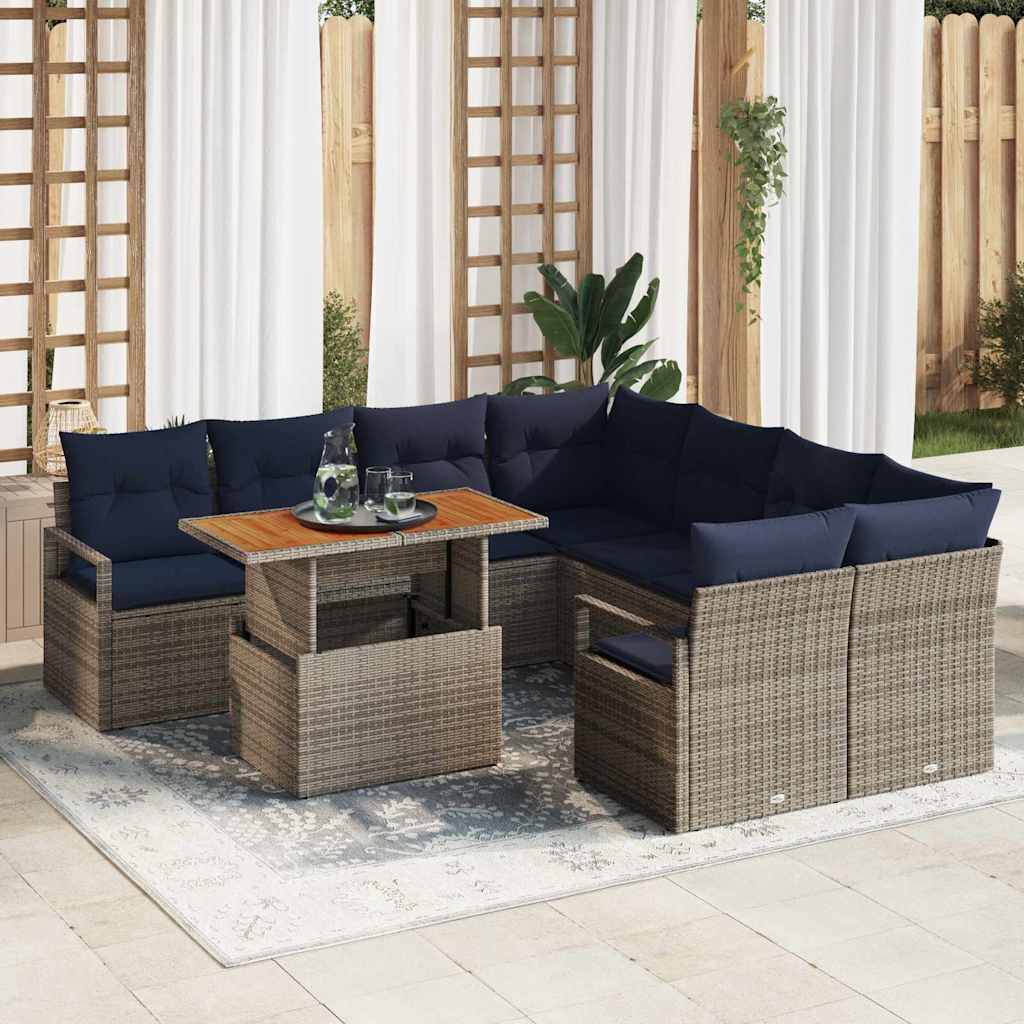 vidaXL Tuin Eetset met kussen 9 pcs Grijs en Marineblauw