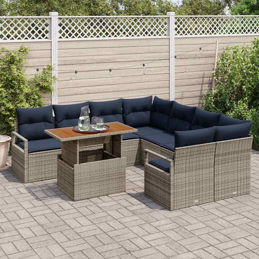 vidaXL Tuin Eetset met kussen 9 pcs Grijs en Marineblauw