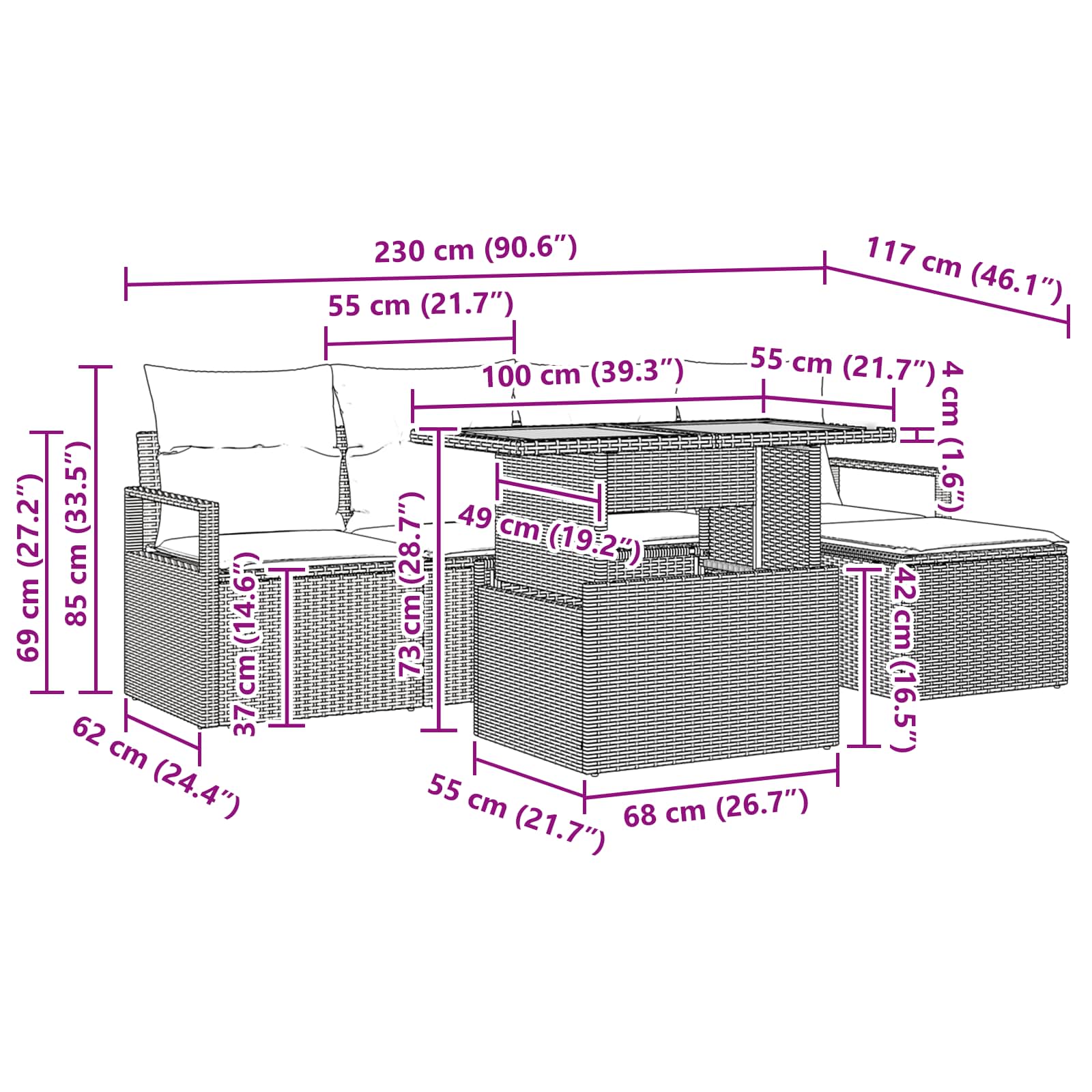 vidaXL Tuin Eetset met kussen 6 pcs Grijs en Marineblauw