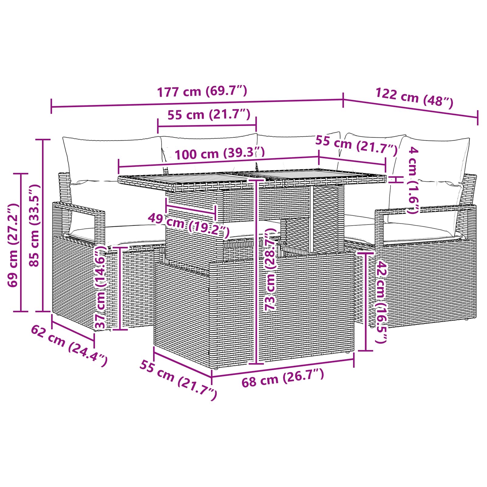 vidaXL Tuin Eetset met kussen 5 pcs Grijs en Marineblauw