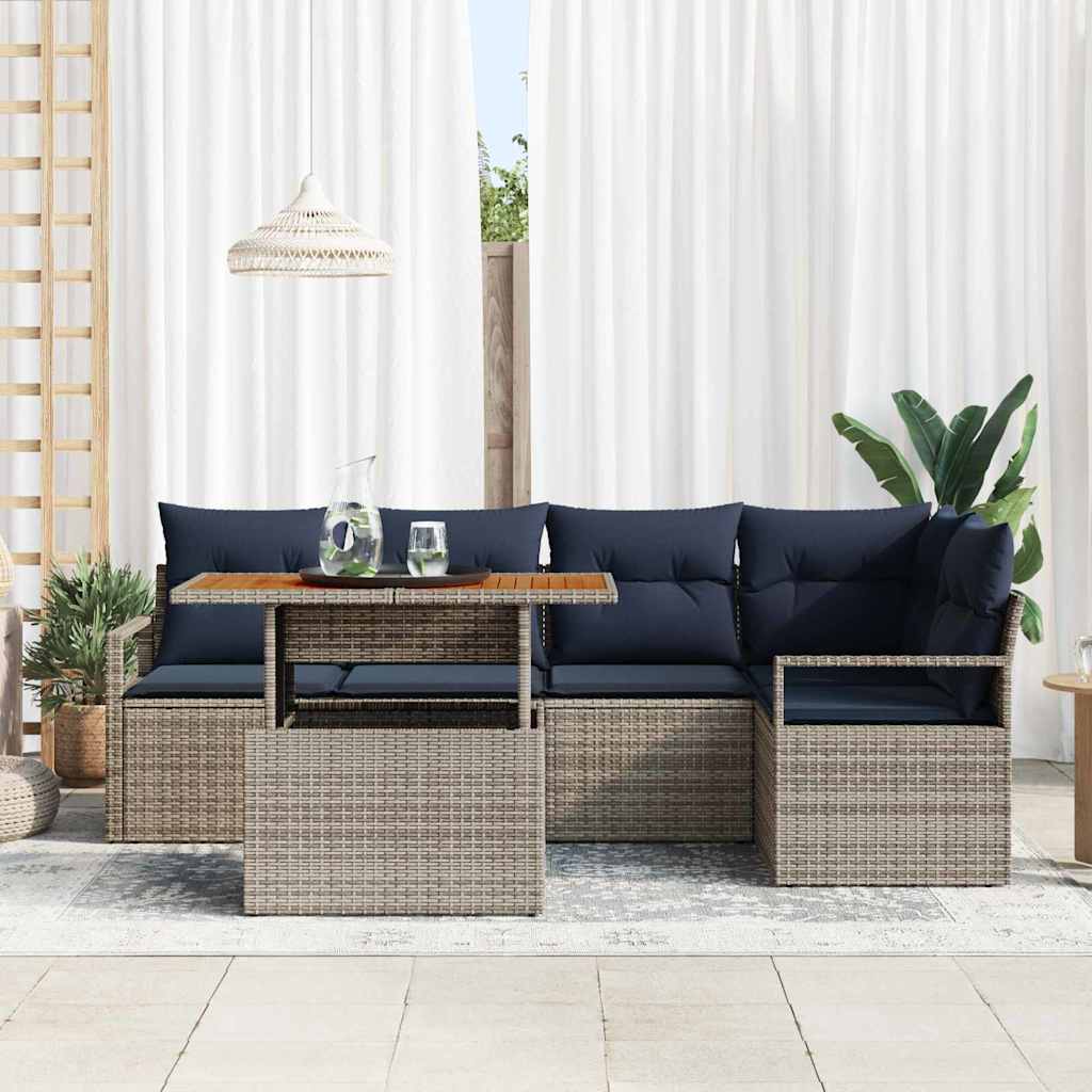 vidaXL Tuin Eetset met kussen 6 pcs Grijs en Marineblauw