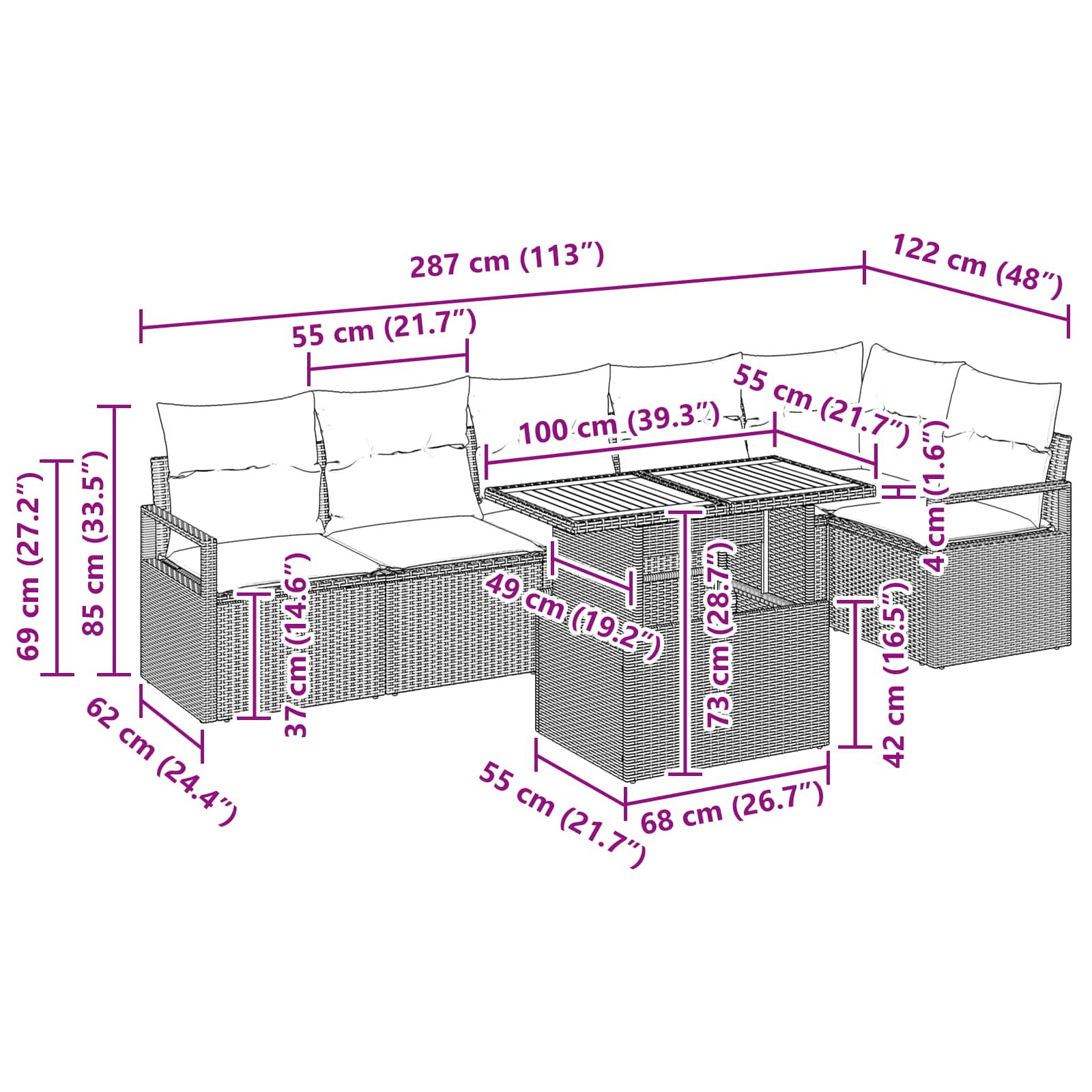 vidaXL Tuin Eetset met kussen 7 pcs Grijs en Marineblauw