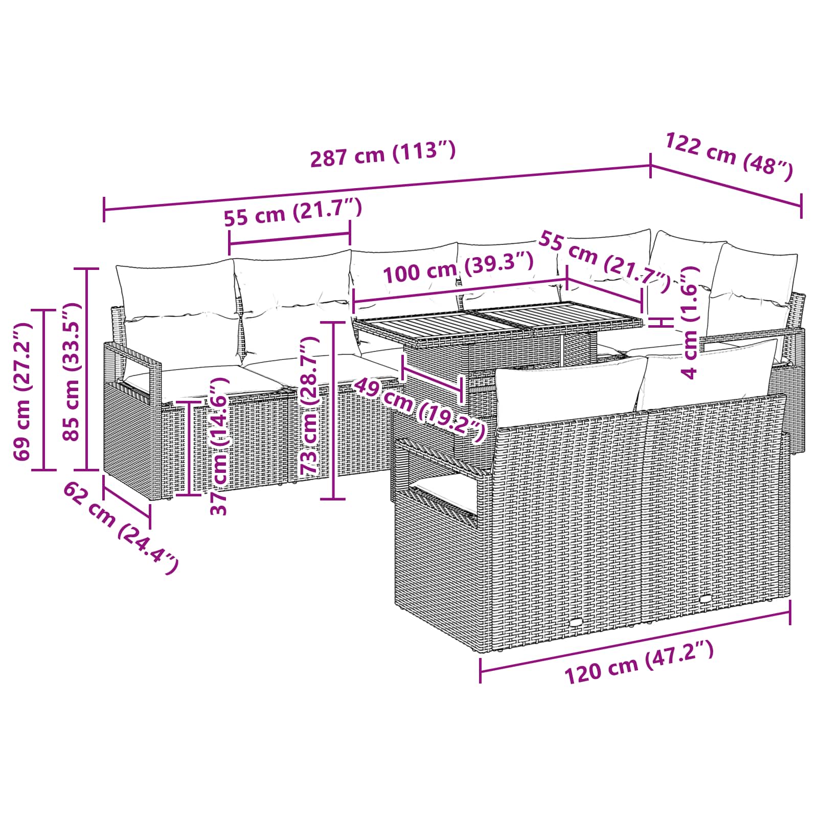vidaXL Tuin Eetset met kussen 9 pcs Grijs en Marineblauw