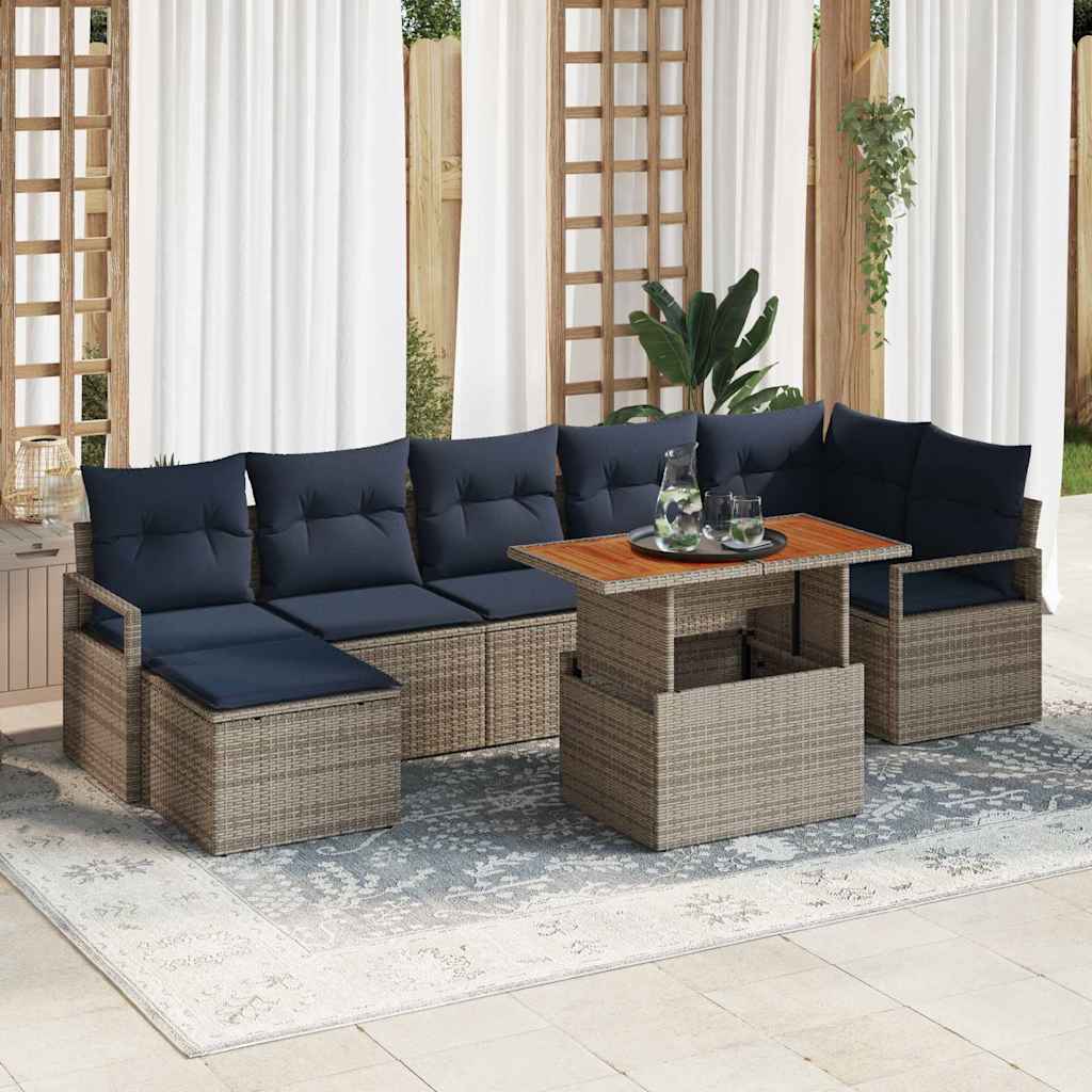 vidaXL Tuin Eetset met kussen 8 pcs Grijs en Marineblauw