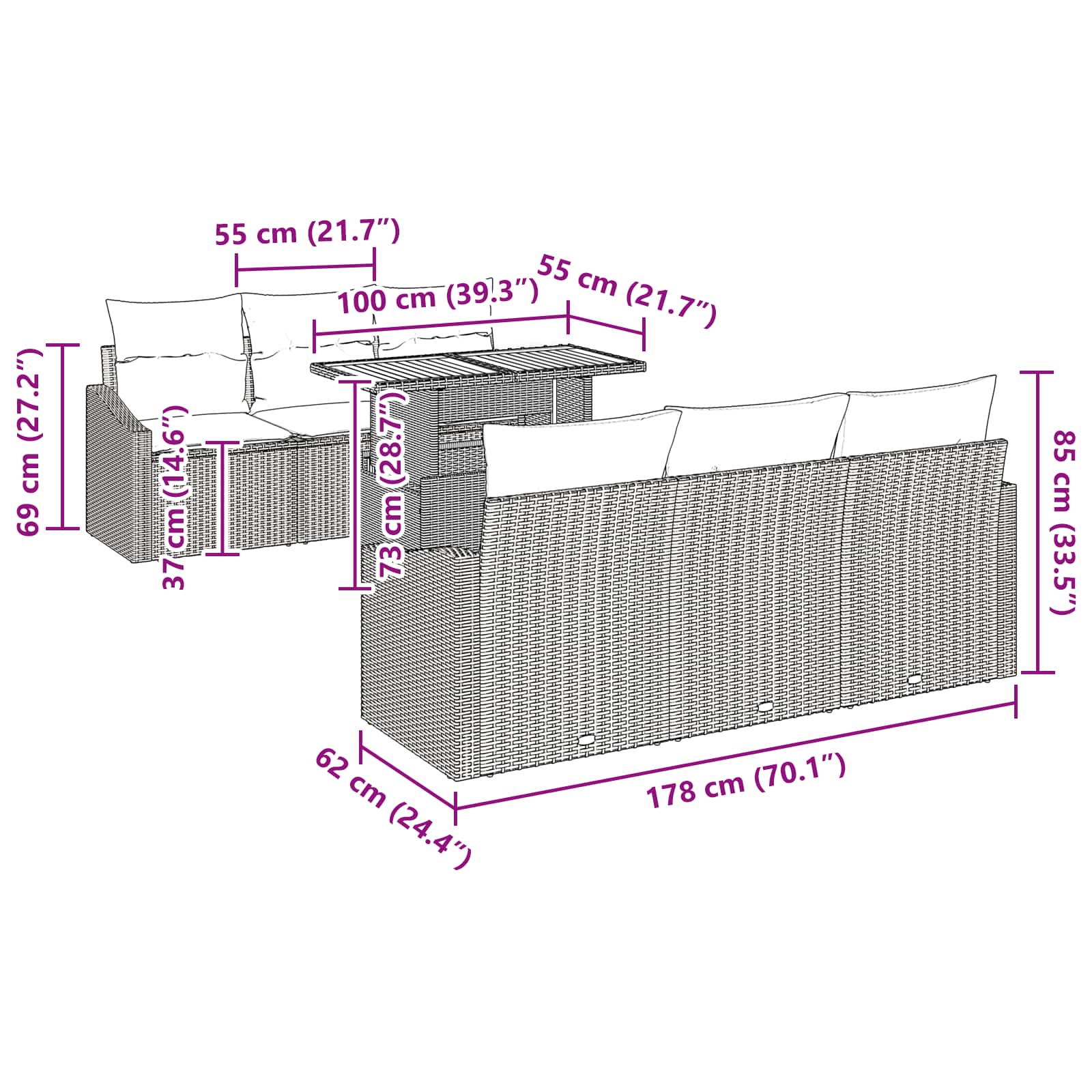 vidaXL Tuin Eetset met kussen 7 pcs Zwart en Blauwgroen
