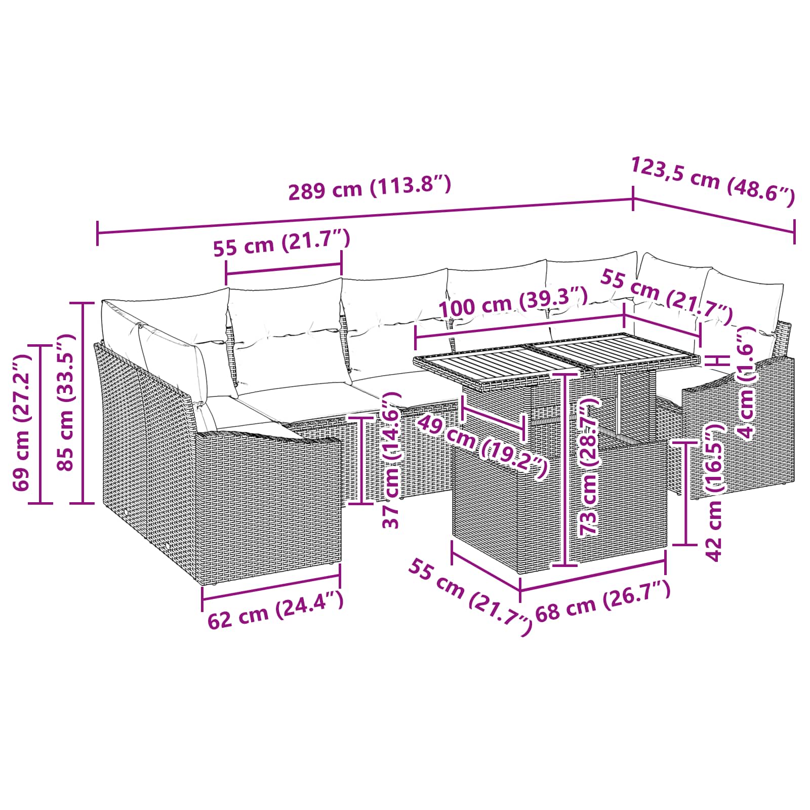 vidaXL Tuin Eetset met kussen 8 pcs Zwart en Teal