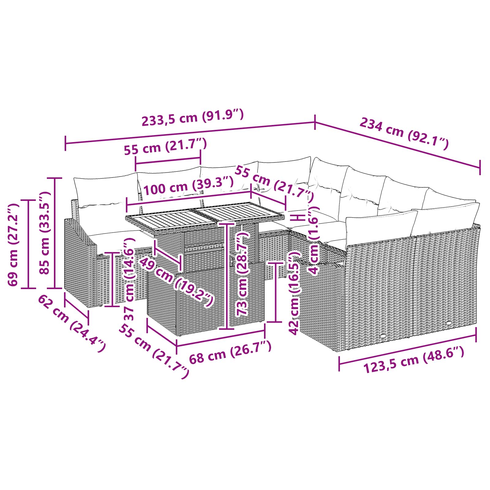 vidaXL Tuin Eetset met kussen 9 pcs Zwart en Blauwgroen