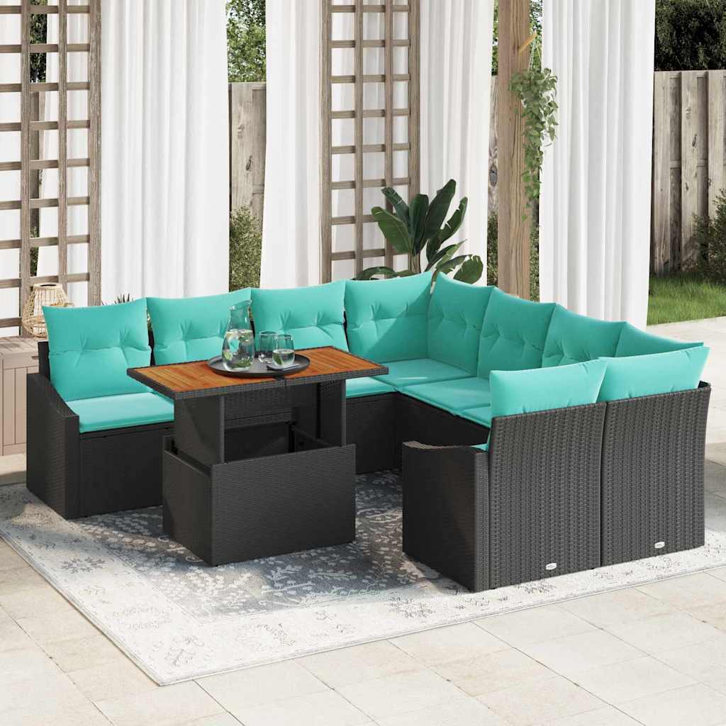 vidaXL Tuin Eetset met kussen 9 pcs Zwart en Blauwgroen