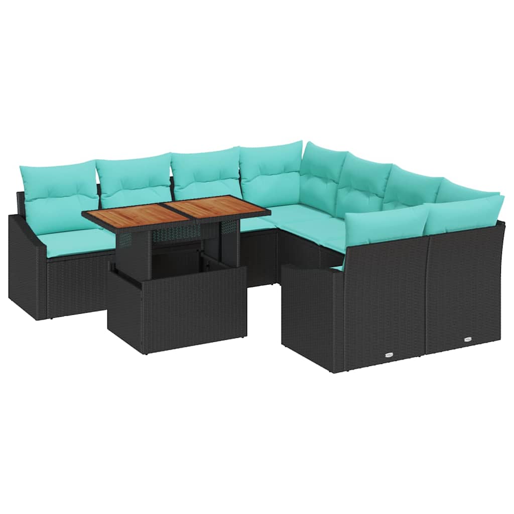 vidaXL Tuin Eetset met kussen 9 pcs Zwart en Blauwgroen
