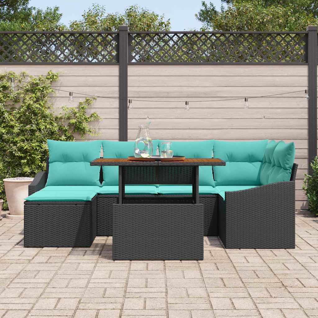 vidaXL Tuin Eetset met kussen 7 pcs Zwart en Blauwgroen