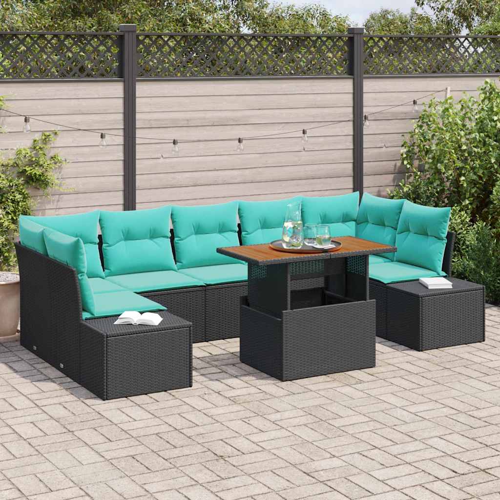 vidaXL Tuin Eetset met kussen 8 pcs Zwart en Blauwgroen