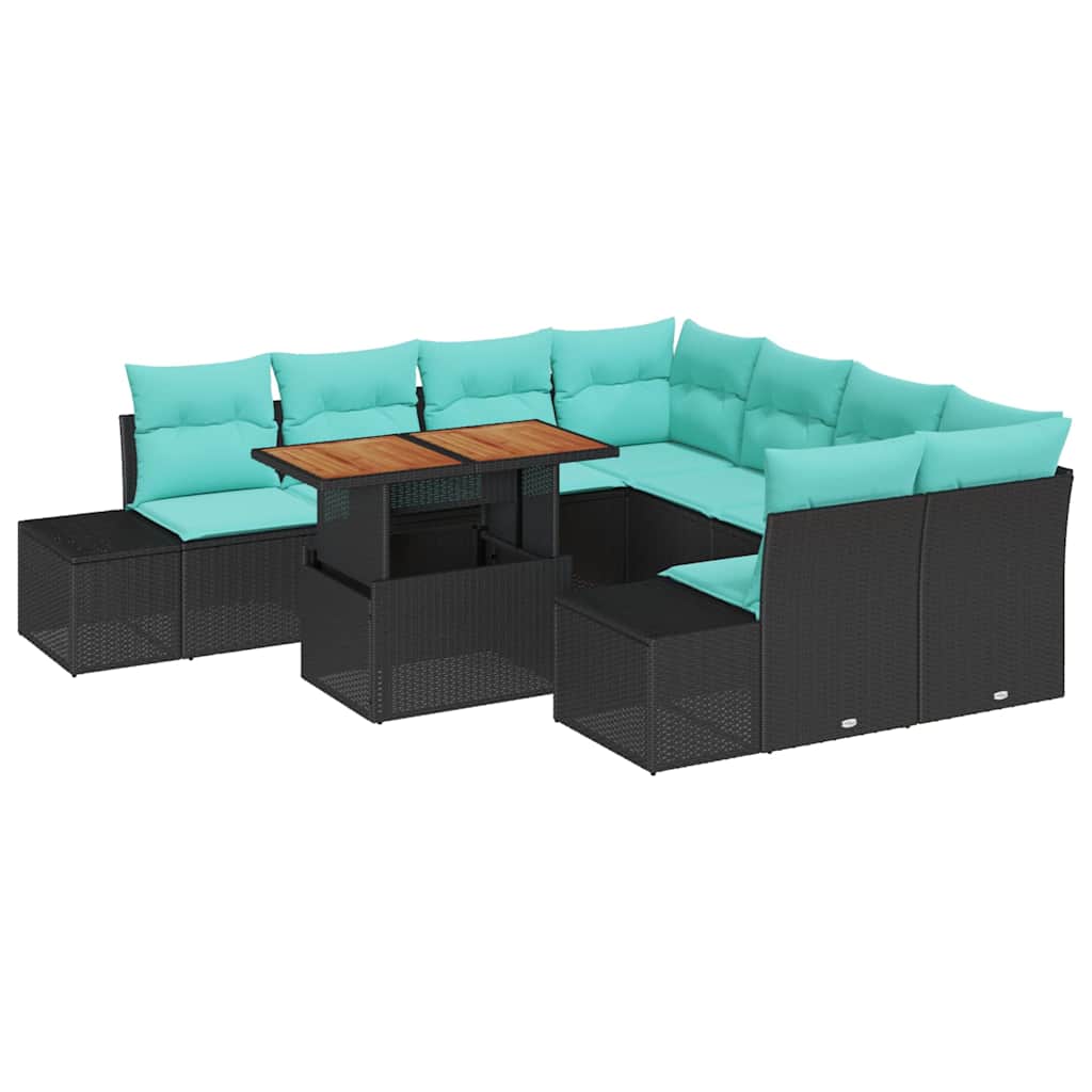 vidaXL Tuin Eetset met kussen 9 pcs Zwart en Blauwgroen