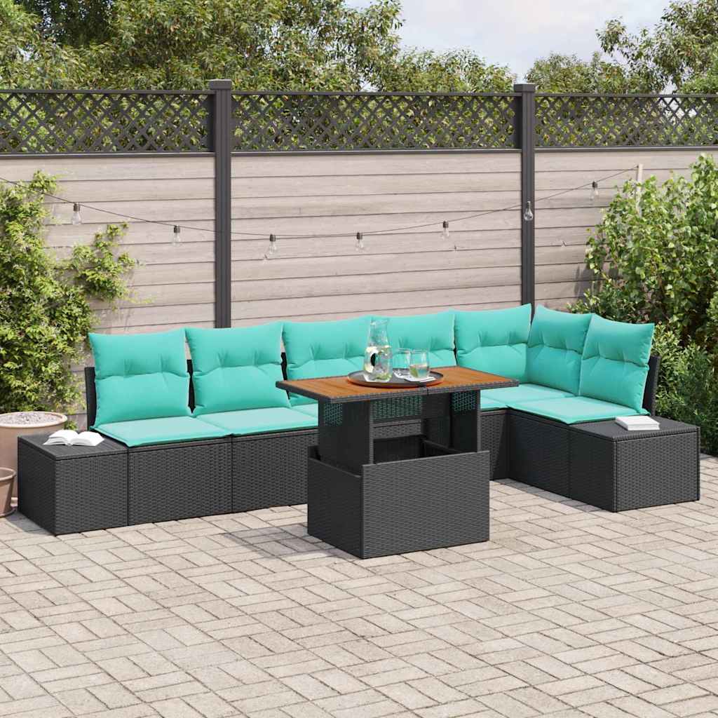 vidaXL Tuin Eetset met kussen 7 pcs Zwart en Blauwgroen