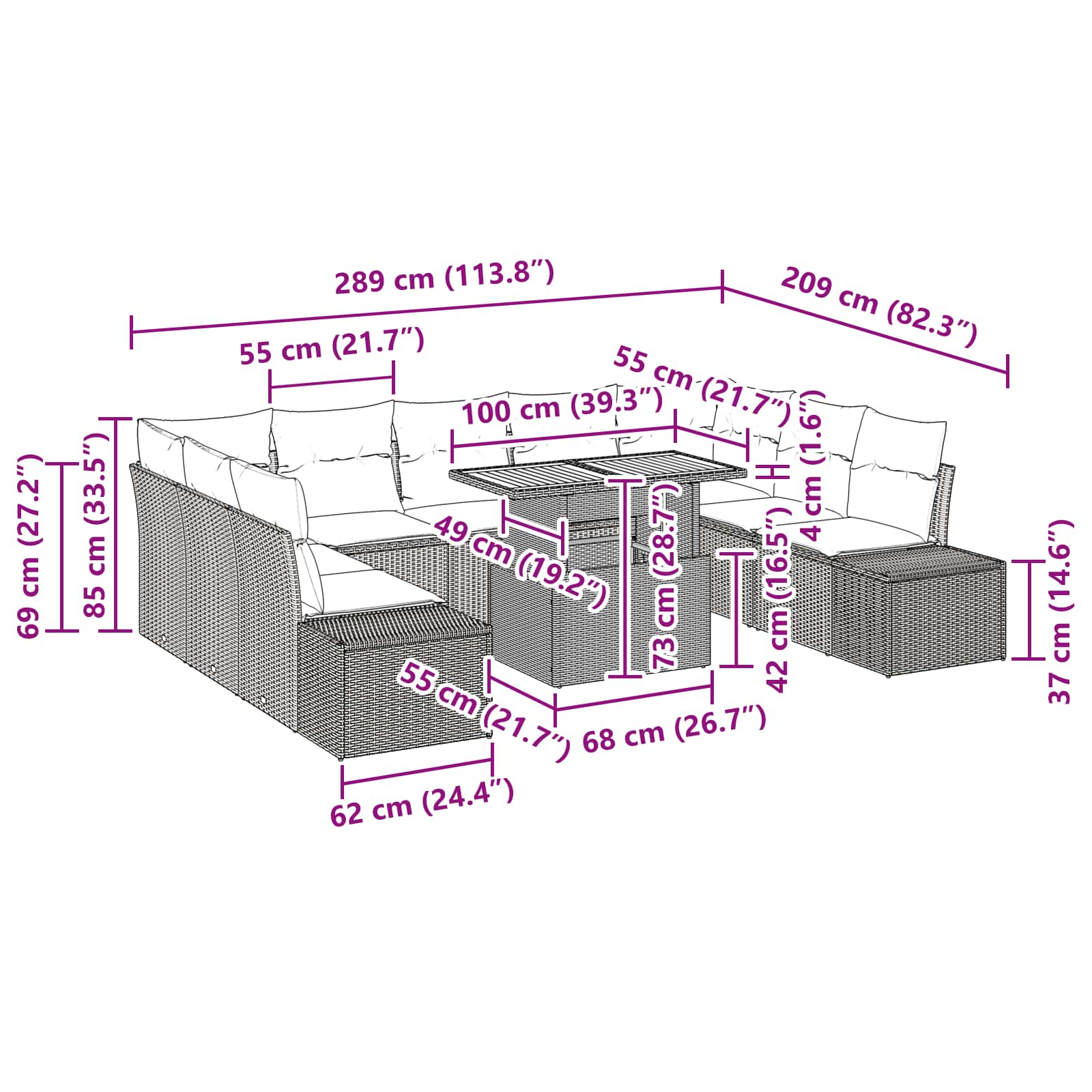 vidaXL Tuin Sofa Set met kussen 10 pcs Zwart en Blauwgroen