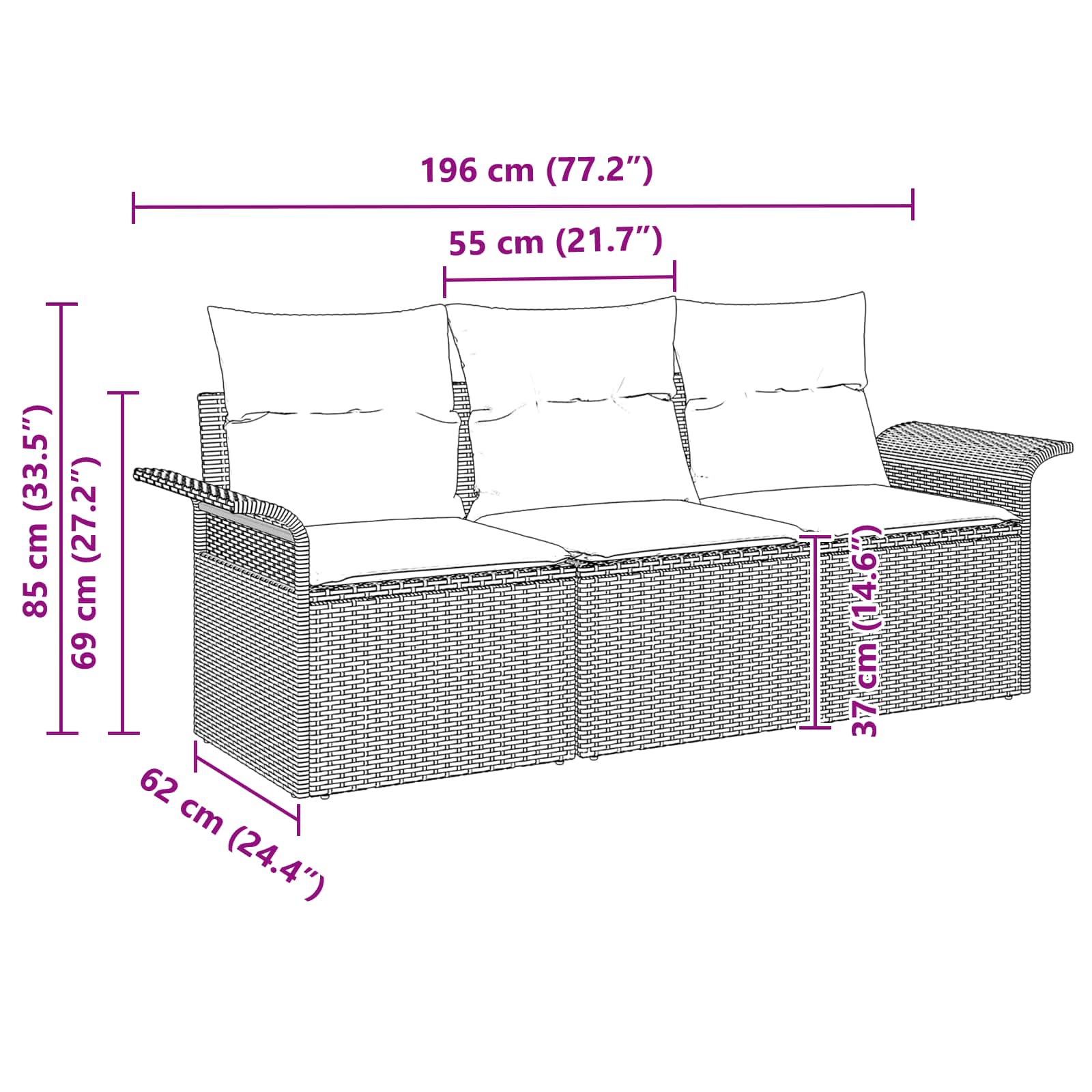 vidaXL Tuin Sofa Set met kussen met opslag 3 pcs Bruin Poly riet