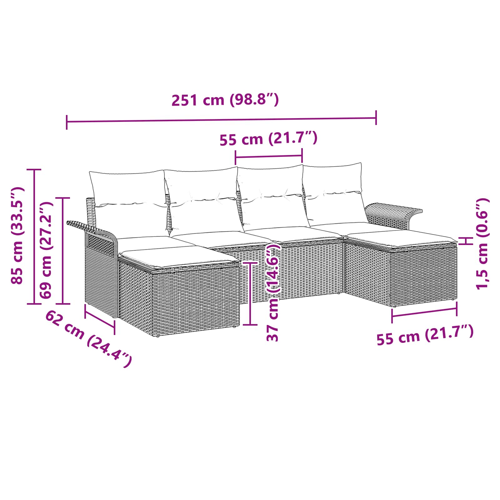 vidaXL Tuin Sofa Set met kussen met opslag 6 pcs Bruin Poly riet