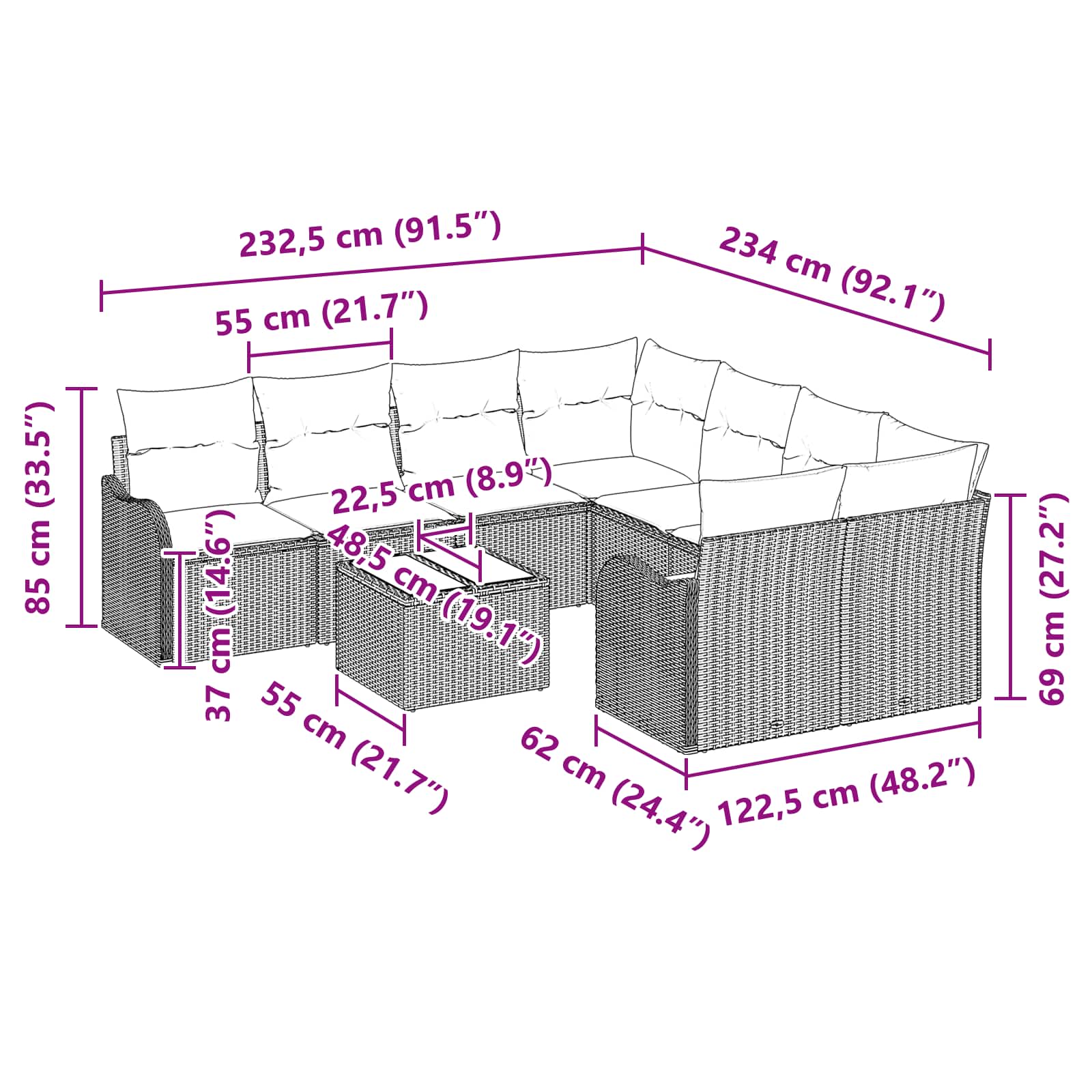 vidaXL Tuin Sofa Set 9 st 8-Aantal zitplaatsen Grijs en Marineblauw