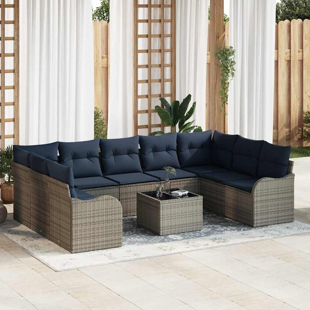 vidaXL Tuin Sofa Set 9 st grijs en marineblauw poly rattan