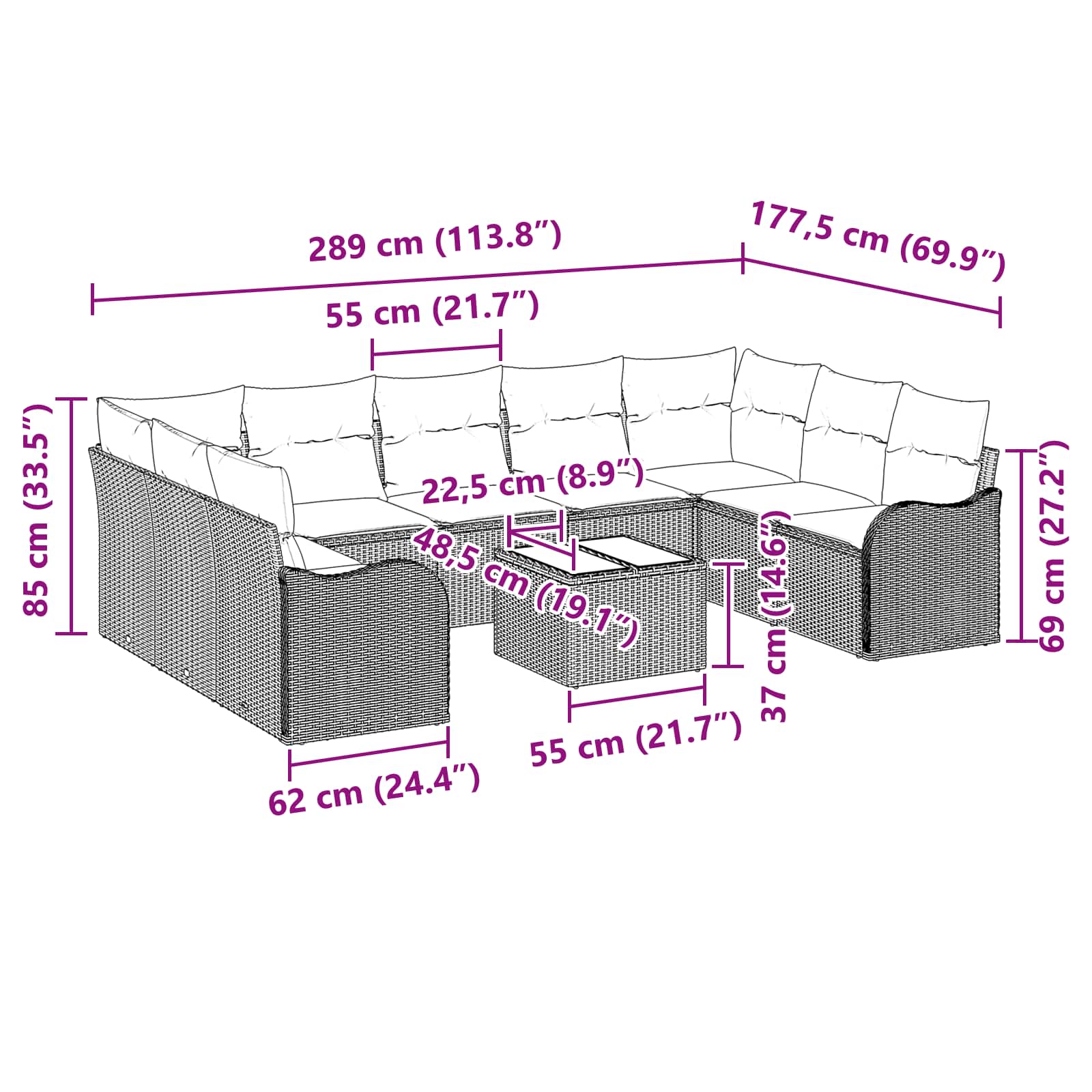 vidaXL Tuin Sofa Set 9 st grijs en marineblauw poly rattan