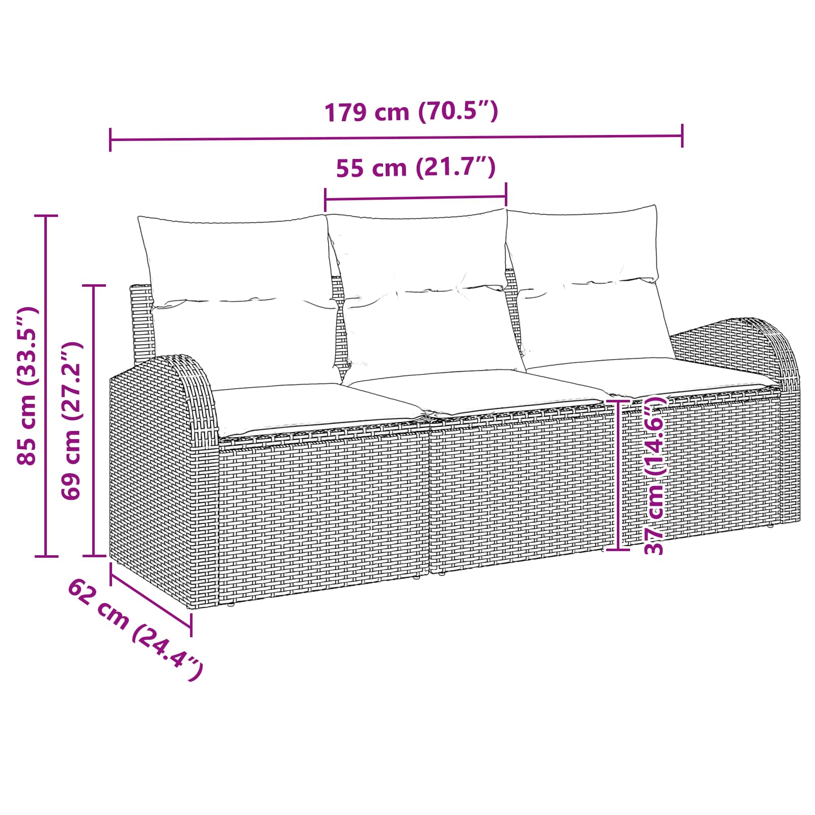 vidaXL Tuin Sofa Set met opslag 3 pcs Bruin en rood Poly riet