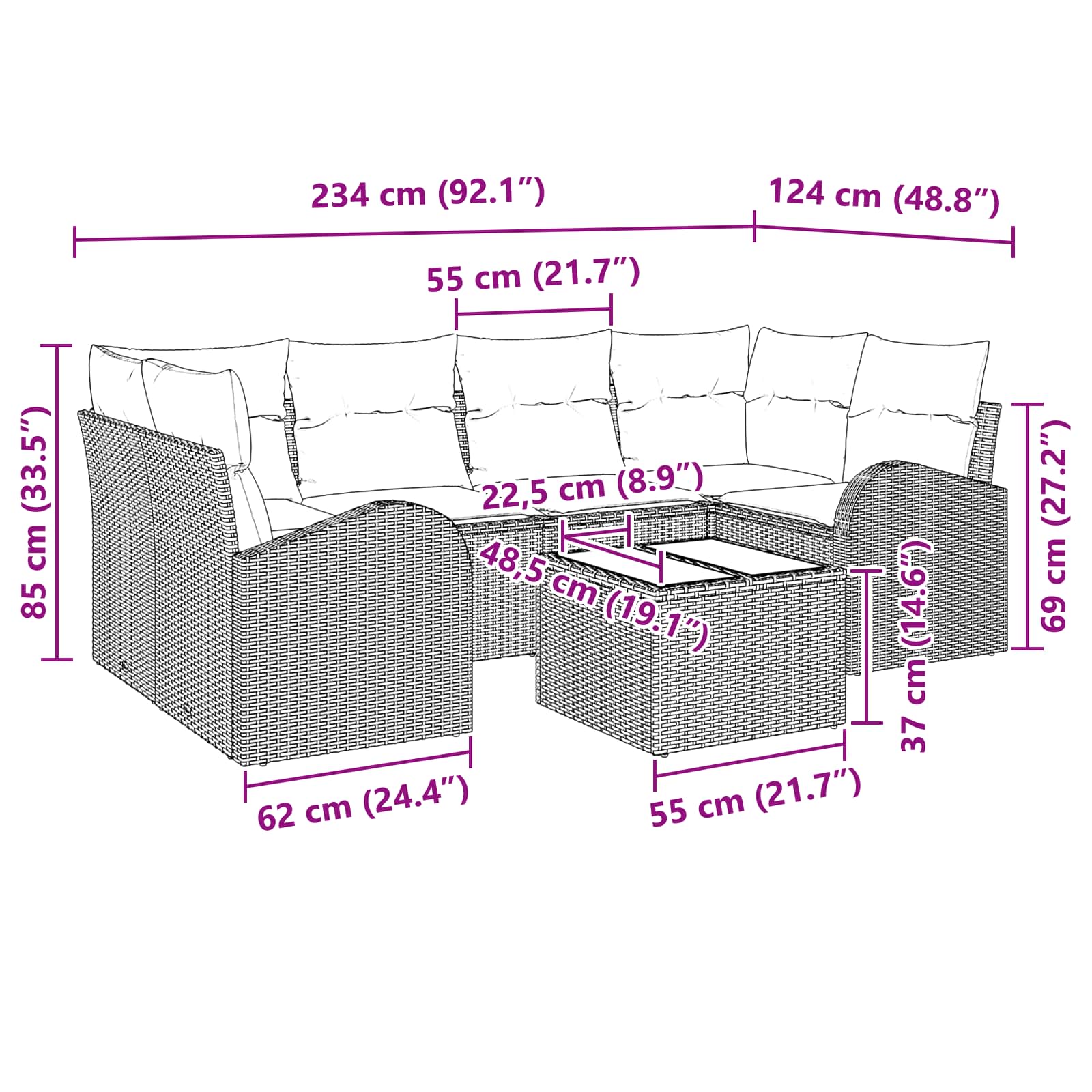 vidaXL Tuin Sofa Set met opslag 7 pcs Beige en Rood poly rattan